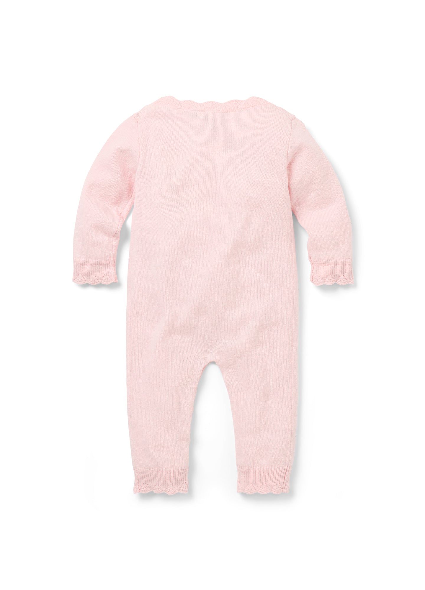 Soft pink knit maternity onesie with long sleeves and fitted legs, featuring delicate pointelle detailing.