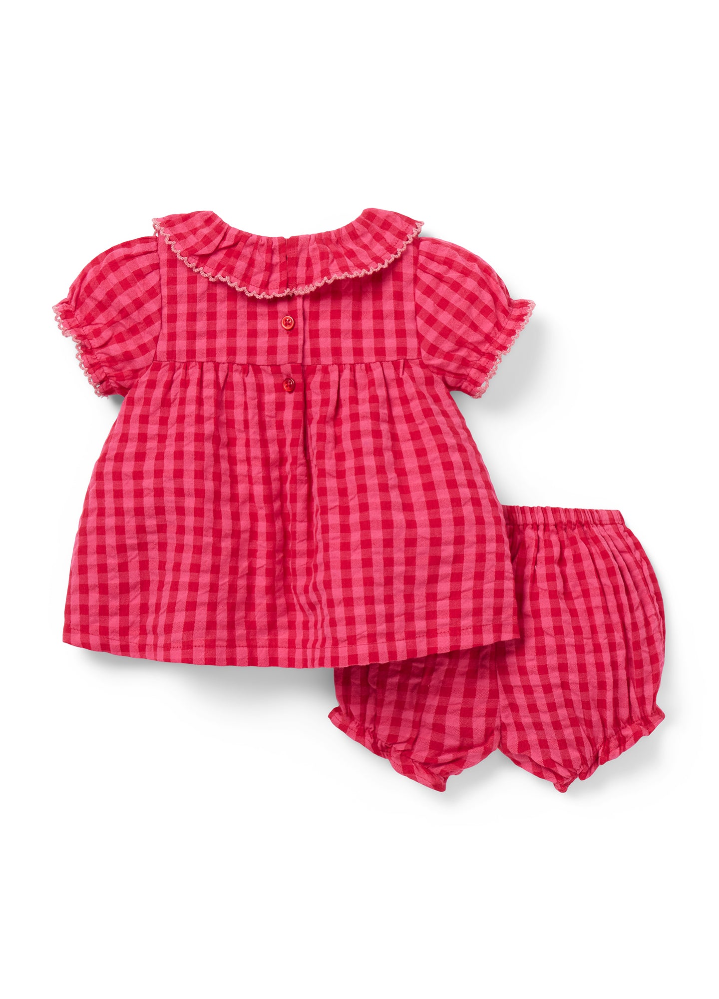 Pink gingham short-sleeve baby dress with ruffled collar and matching bloomer shorts.
