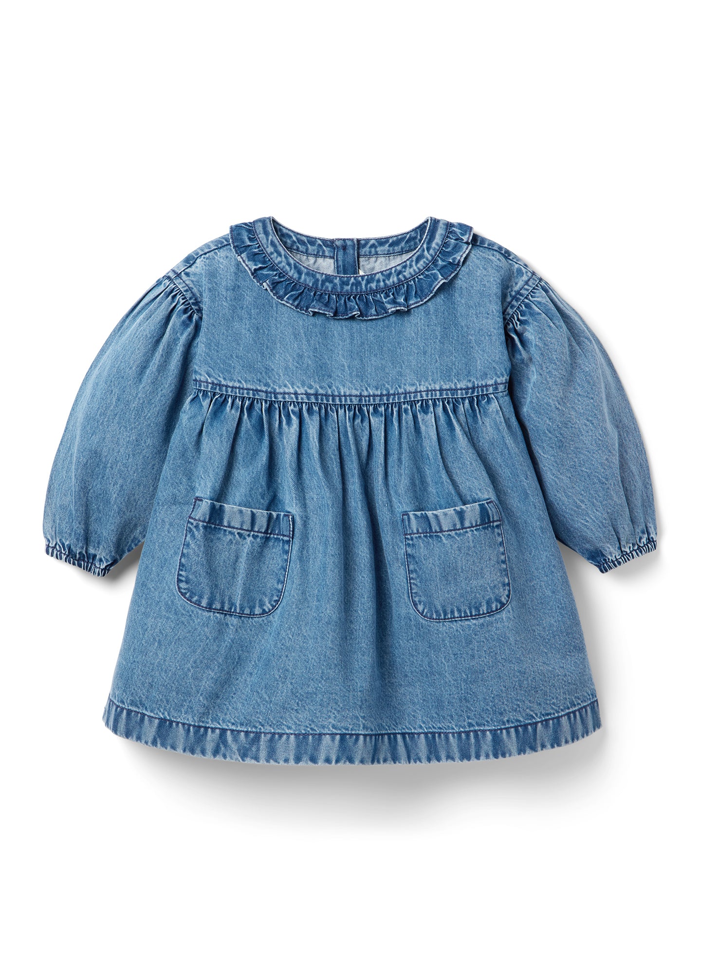 Light blue denim maternity dress with long puff sleeves, round neckline, and front patch pockets.