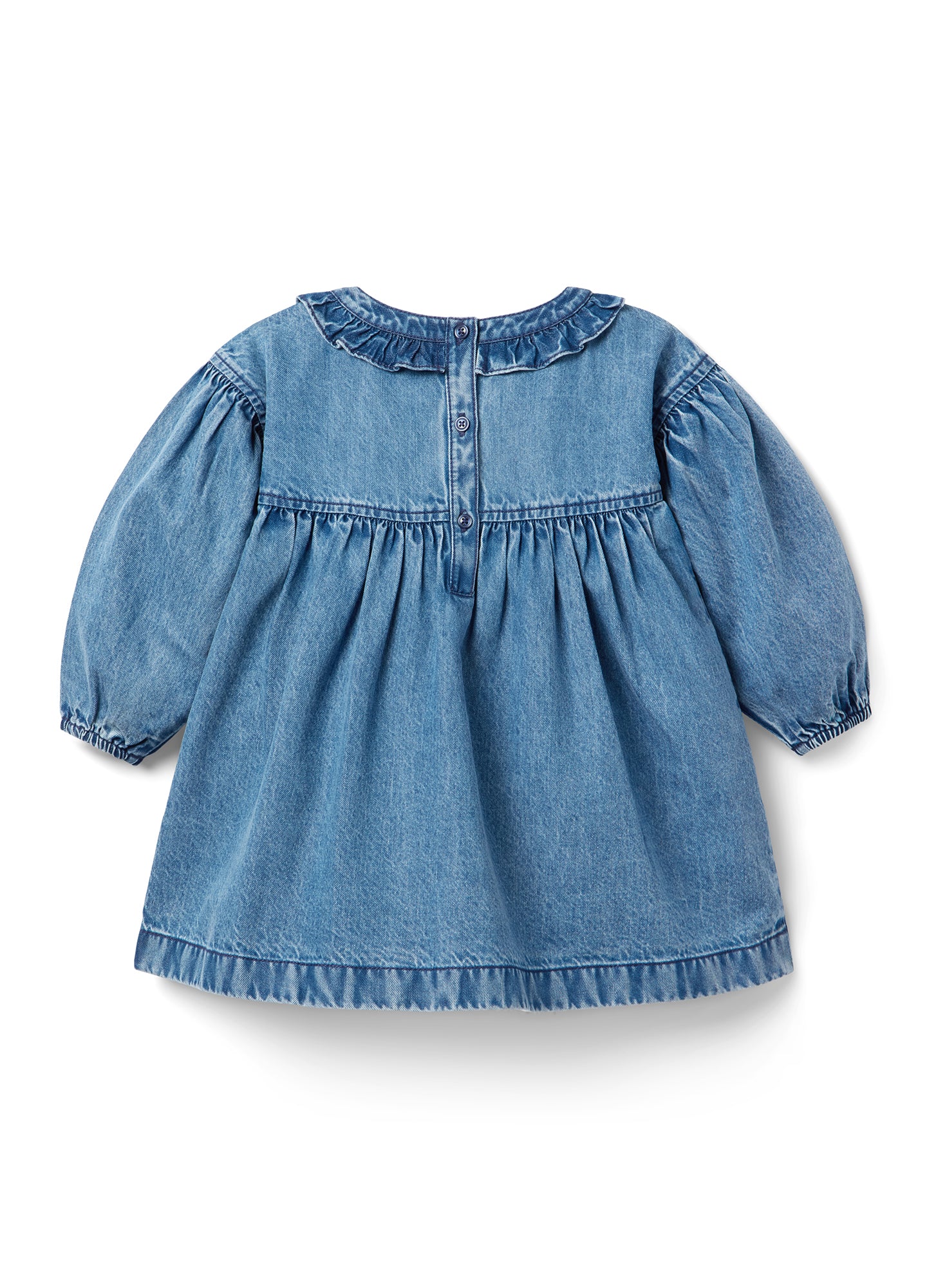 Light blue maternity denim dress with long puff sleeves and buttoned back yoke.