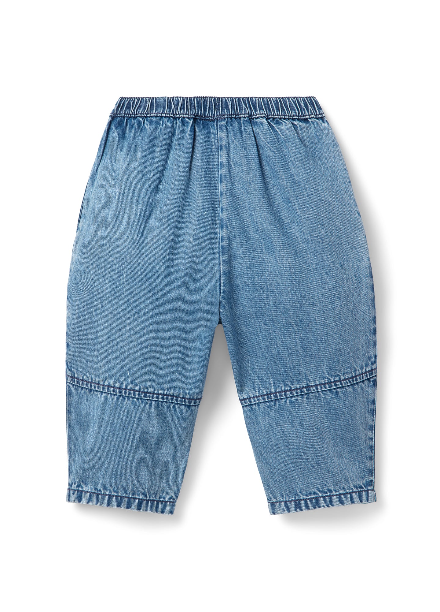 Light blue denim barrel pants with elastic waistband and relaxed maternity fit.