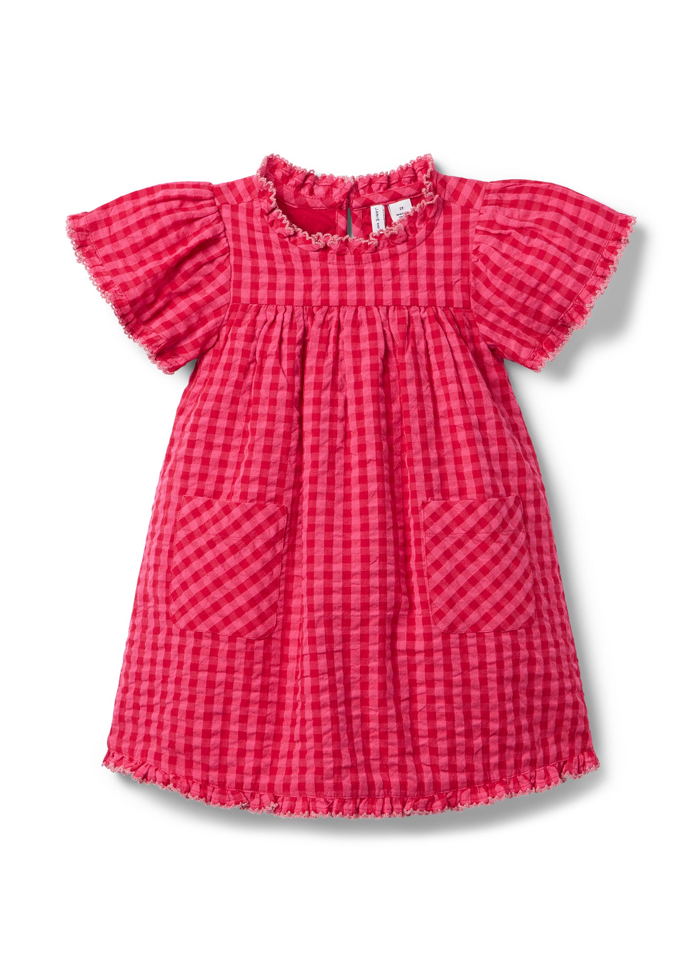 Red gingham maternity dress with flutter sleeves and gathered waist, soft fabric.