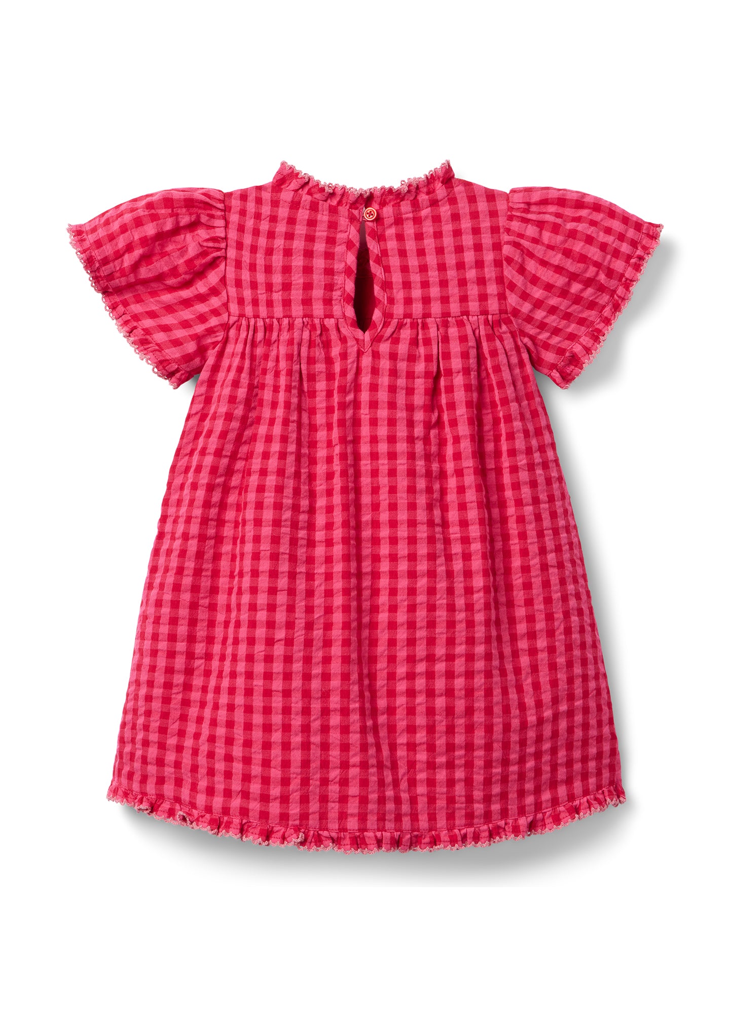 Red and white gingham maternity dress with flutter sleeves and keyhole neckline.