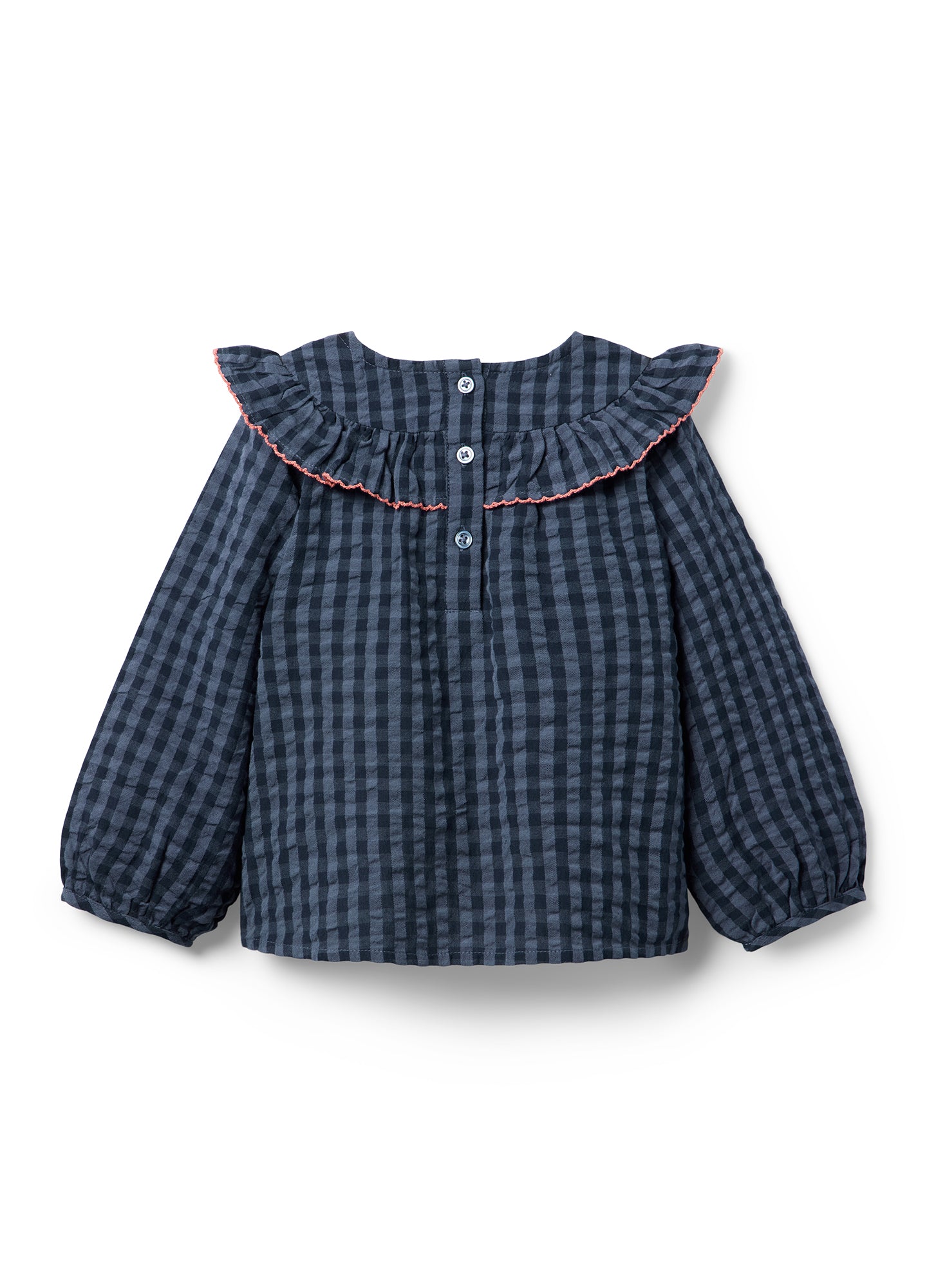 Navy and black gingham maternity top with long puff sleeves and ruffled collar featuring button closure and contrast red.