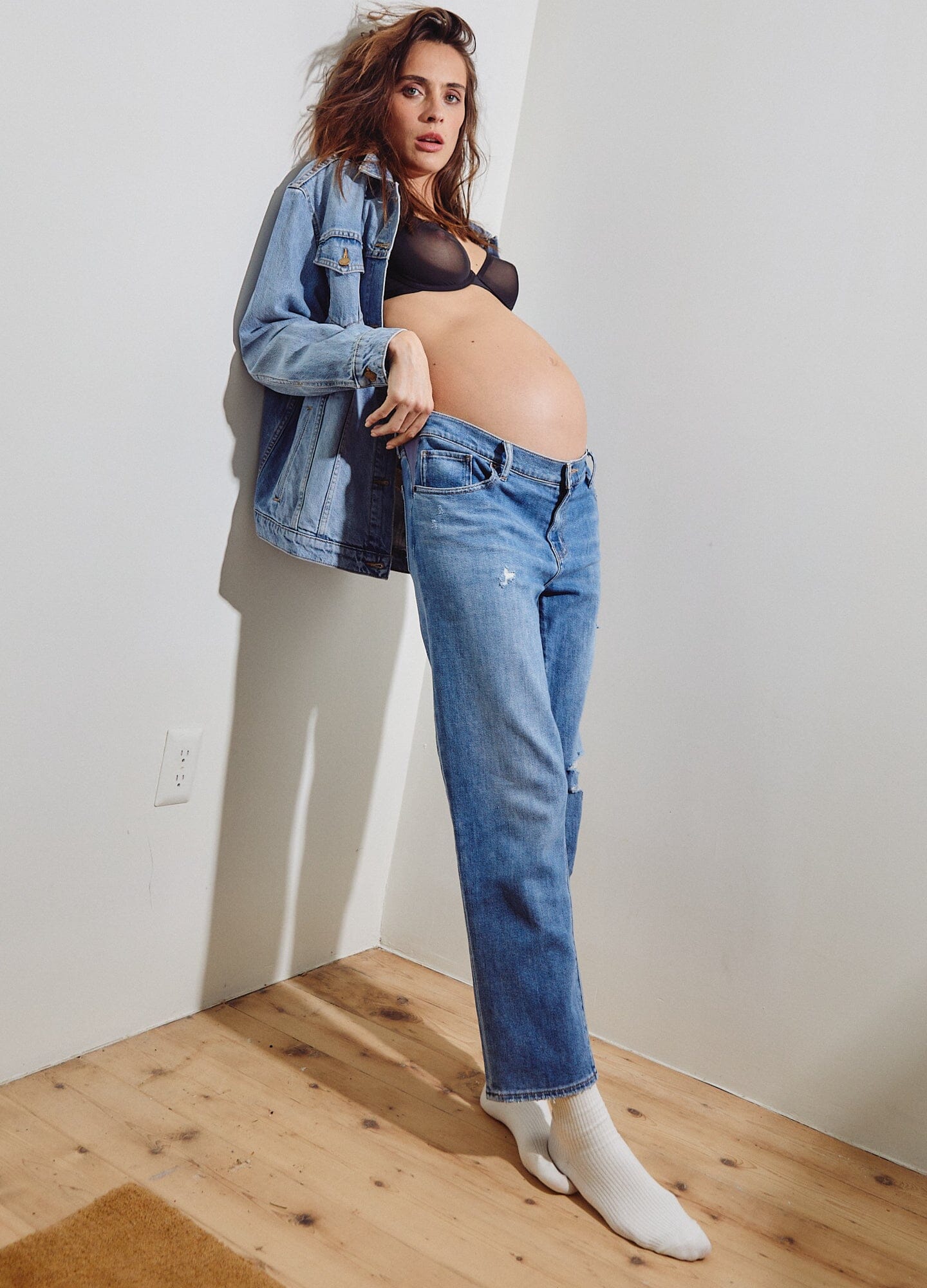 The Boyfriend Maternity Jean - Destroyed light wash maternity jeans with relaxed boyfriend fit, styled for pregnancy, nursing, and postpartum comfort.