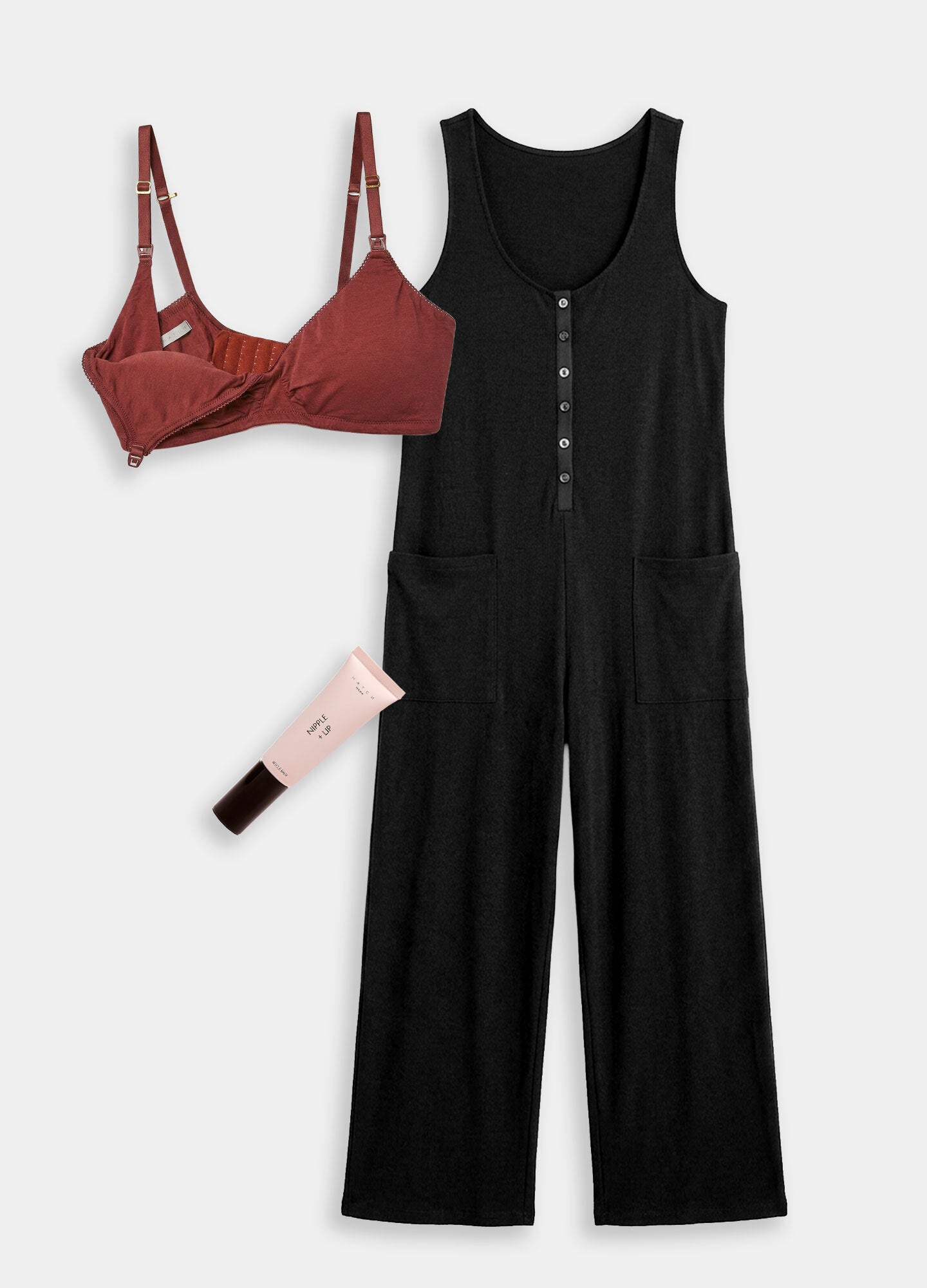 Rust-colored maternity bra with adjustable straps, black sleeveless maternity jumpsuit with front buttons and pockets, and.
