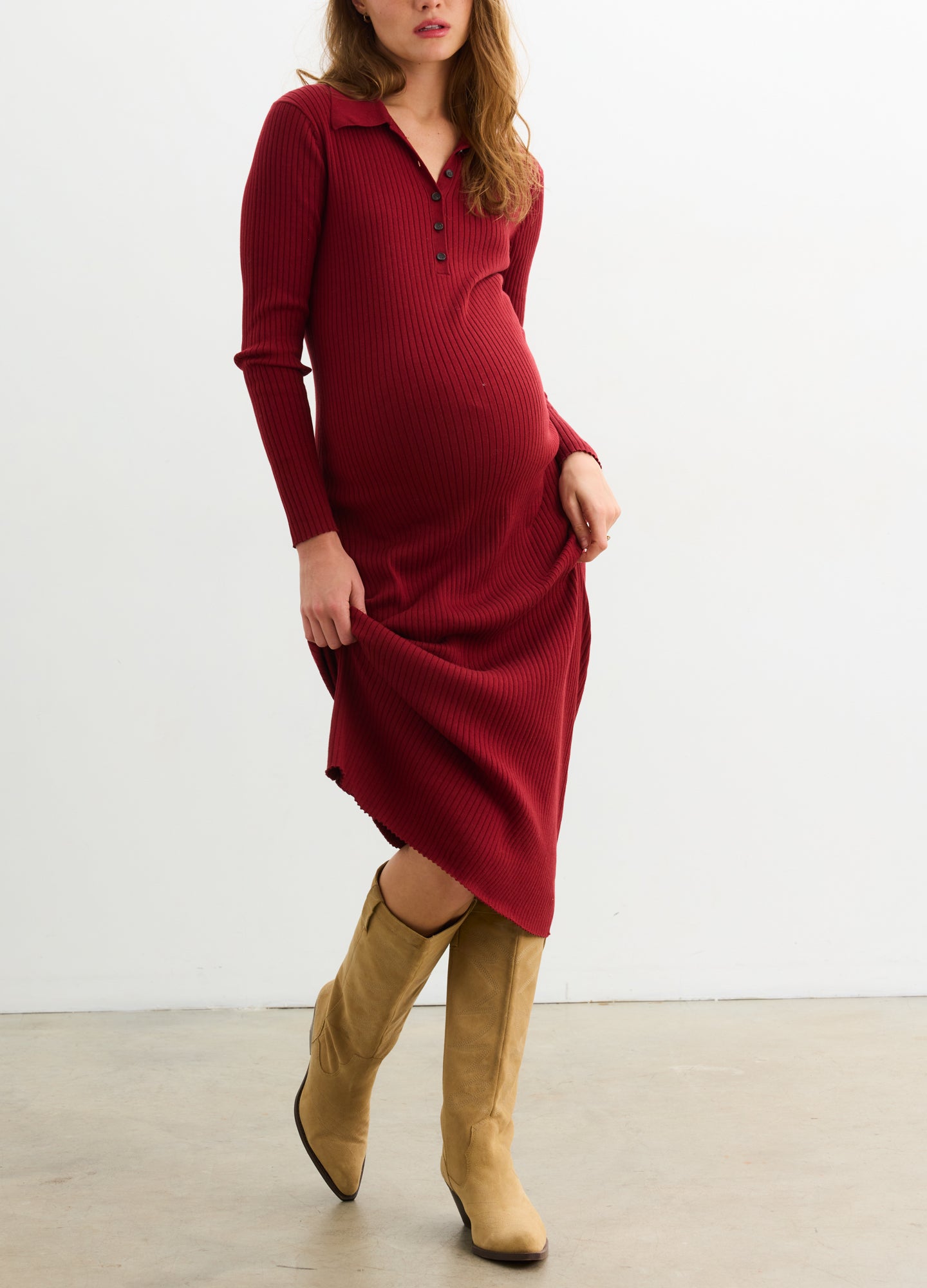 Averie Polo Rib Sweater Dress - Cranberry ribbed maternity sweater dress with long sleeves and a polo collar, styled for pregnancy and nursing.