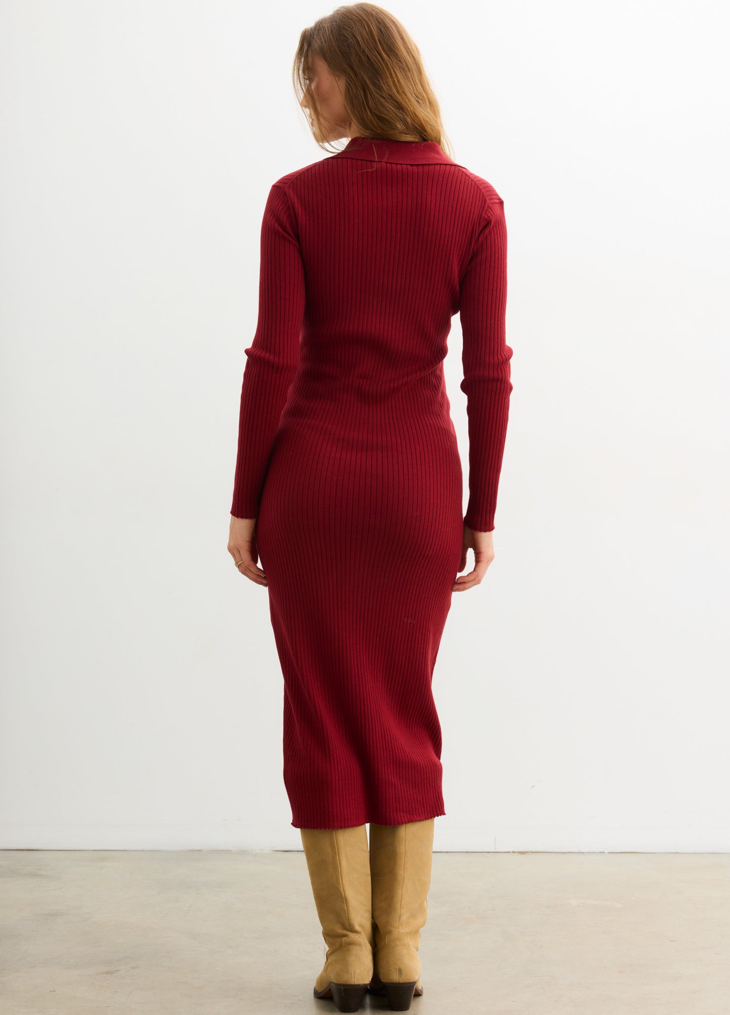 Averie Polo Rib Sweater Dress - Cranberry ribbed maternity sweater dress with long sleeves and a polo collar, styled for pregnancy and nursing.