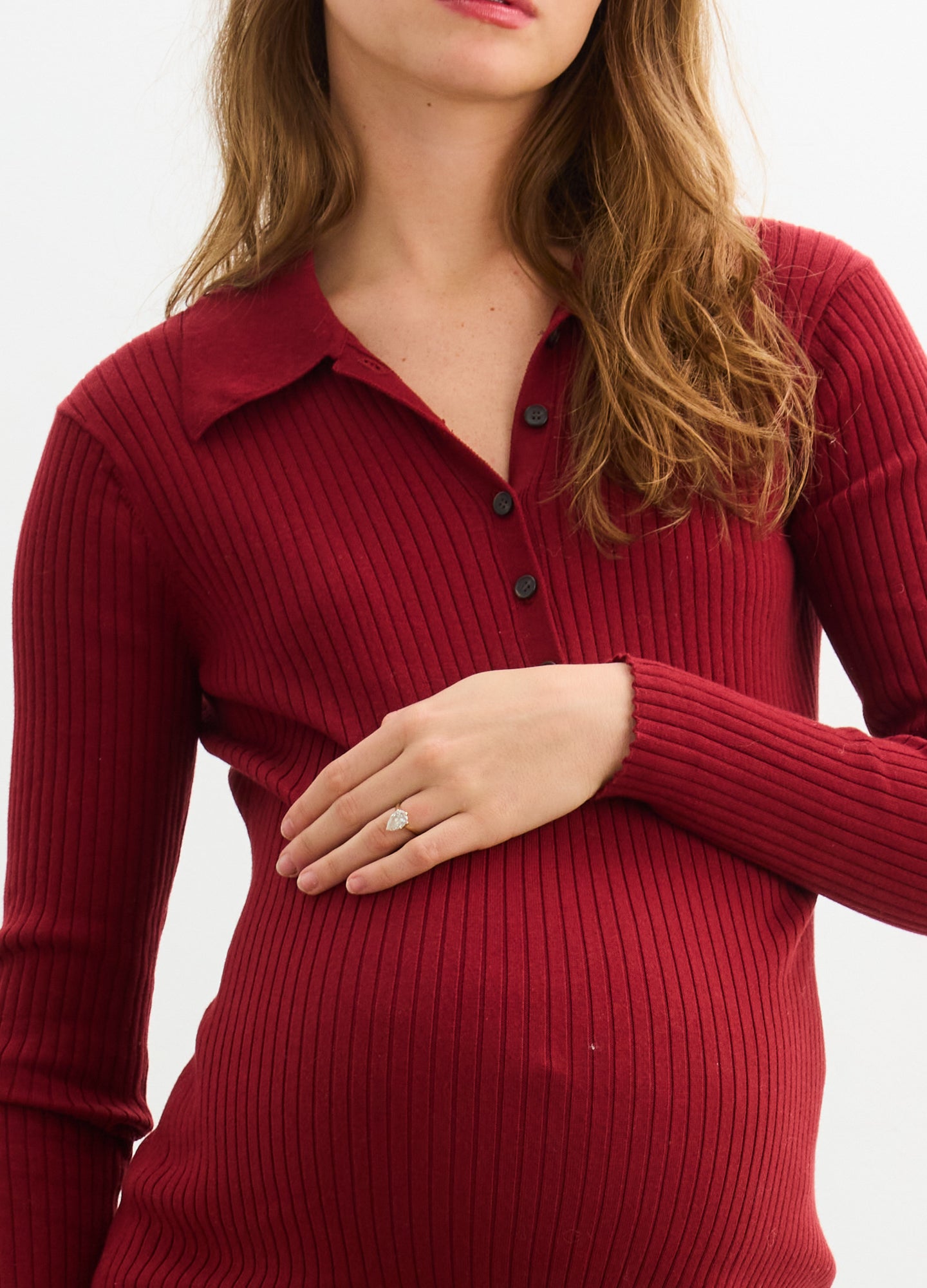 Averie Polo Rib Sweater Dress - Cranberry ribbed maternity sweater dress with long sleeves and a polo collar, styled for pregnancy and nursing.