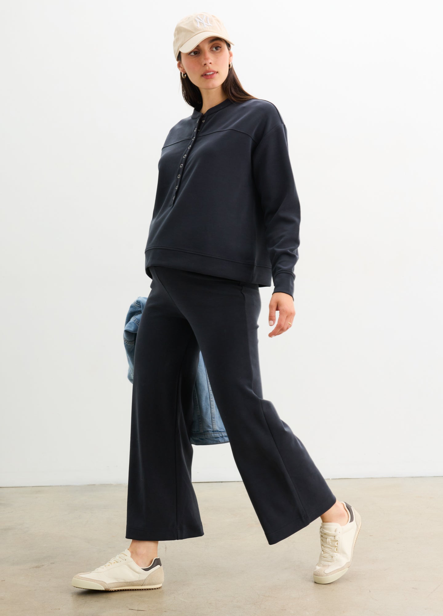 The Cloudease Travel Nursing Pullover - Women's washed black maternity pullover with relaxed fit, side nursing access, and matching wide-leg pants.