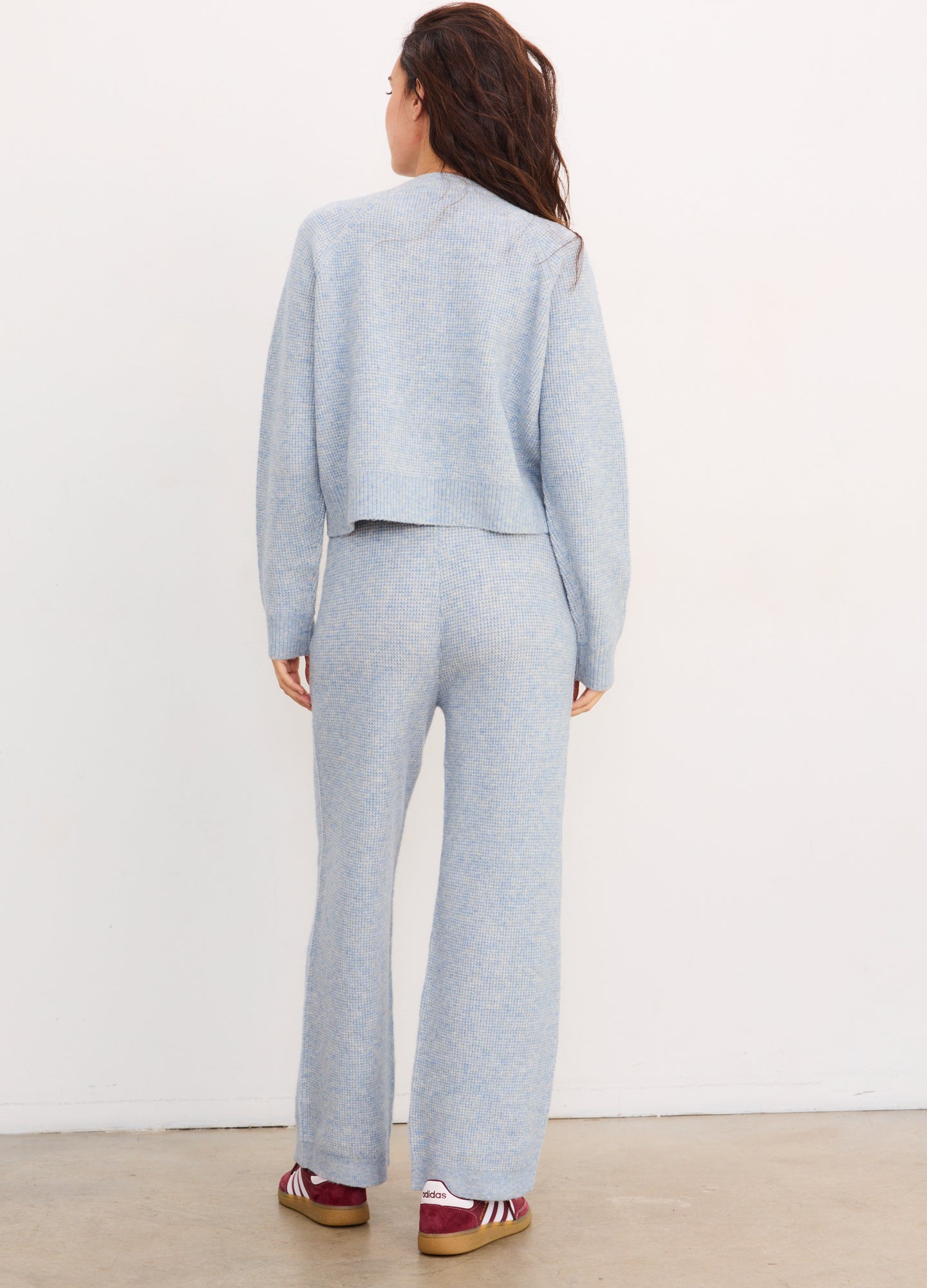 Light blue waffle-knit maternity cardigan with matching wide-leg pants, cozy relaxed fit.