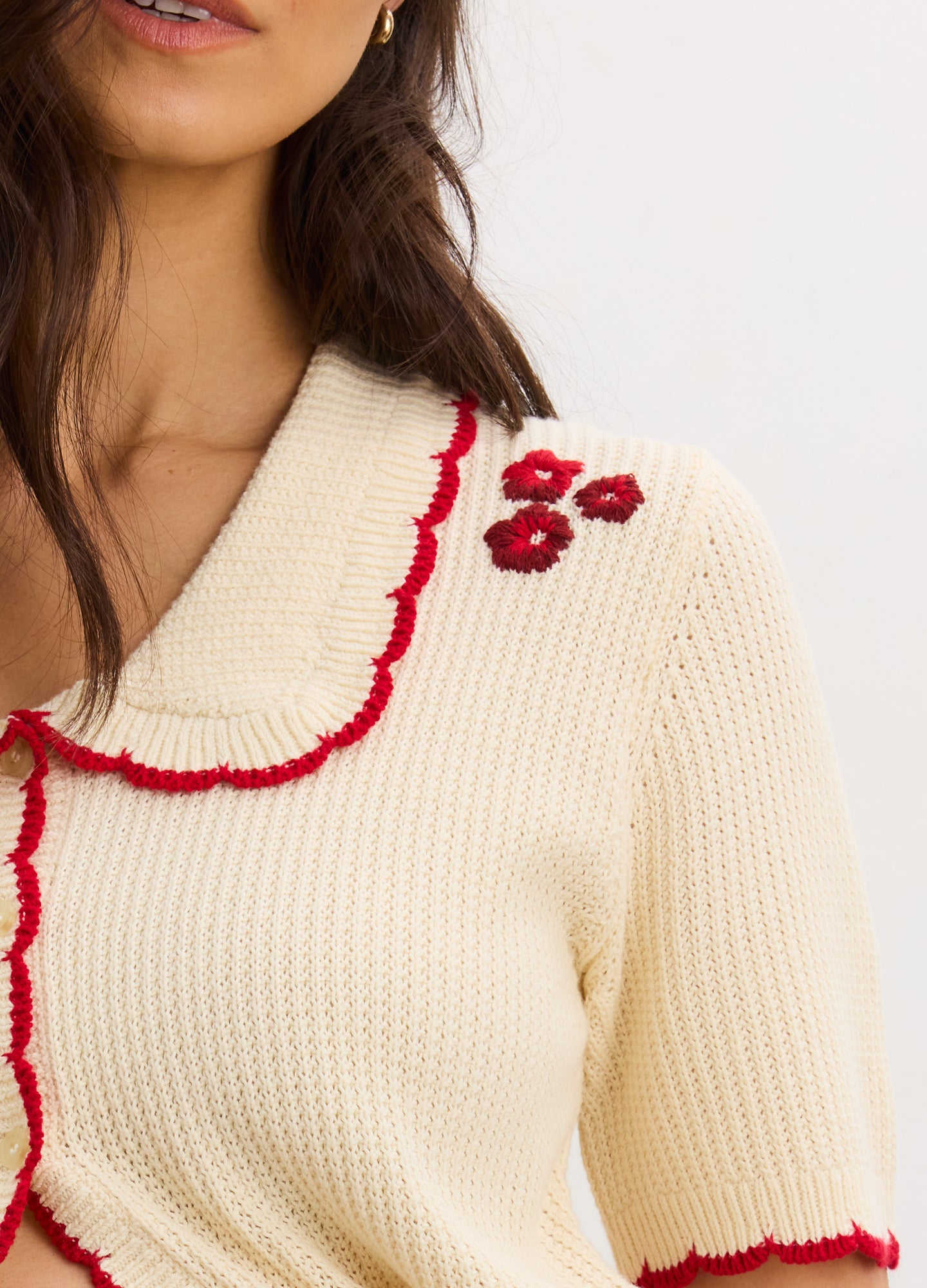 The Crochet Scallop Cardigan - Cream crochet scallop cardigan with red trim, short sleeves, and nursing-friendly front buttons for maternity and postpartum .