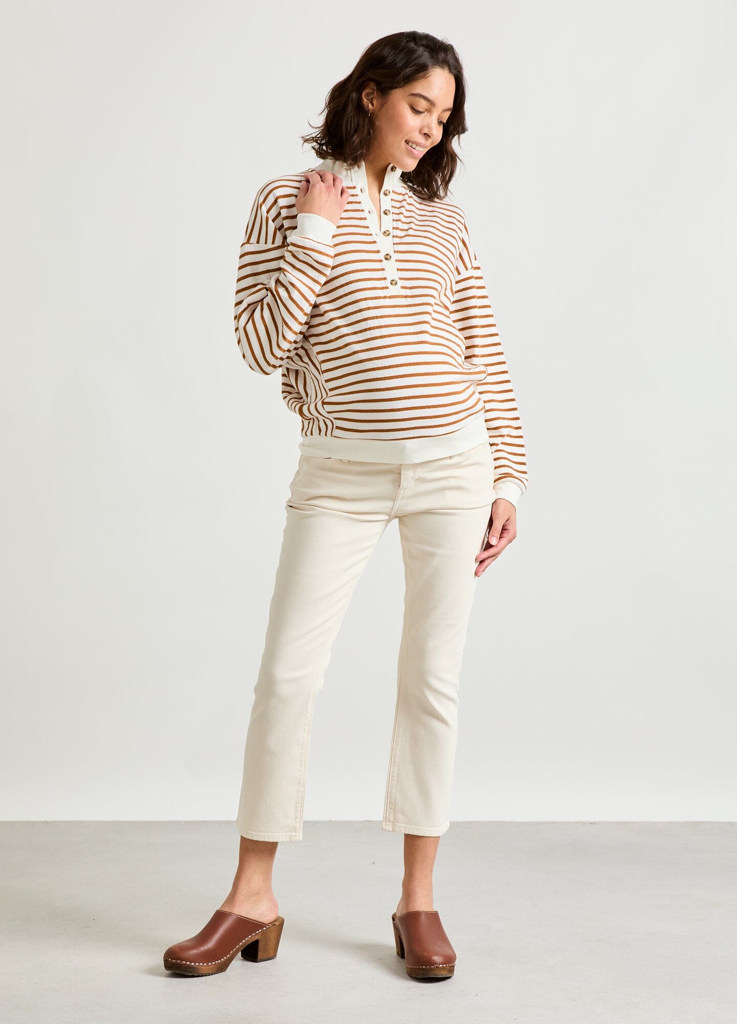 The Dakota Striped Nursing Sweatshirt - Camel striped maternity nursing sweatshirt with front button placket and relaxed fit for pregnancy and postpartum comfort.
