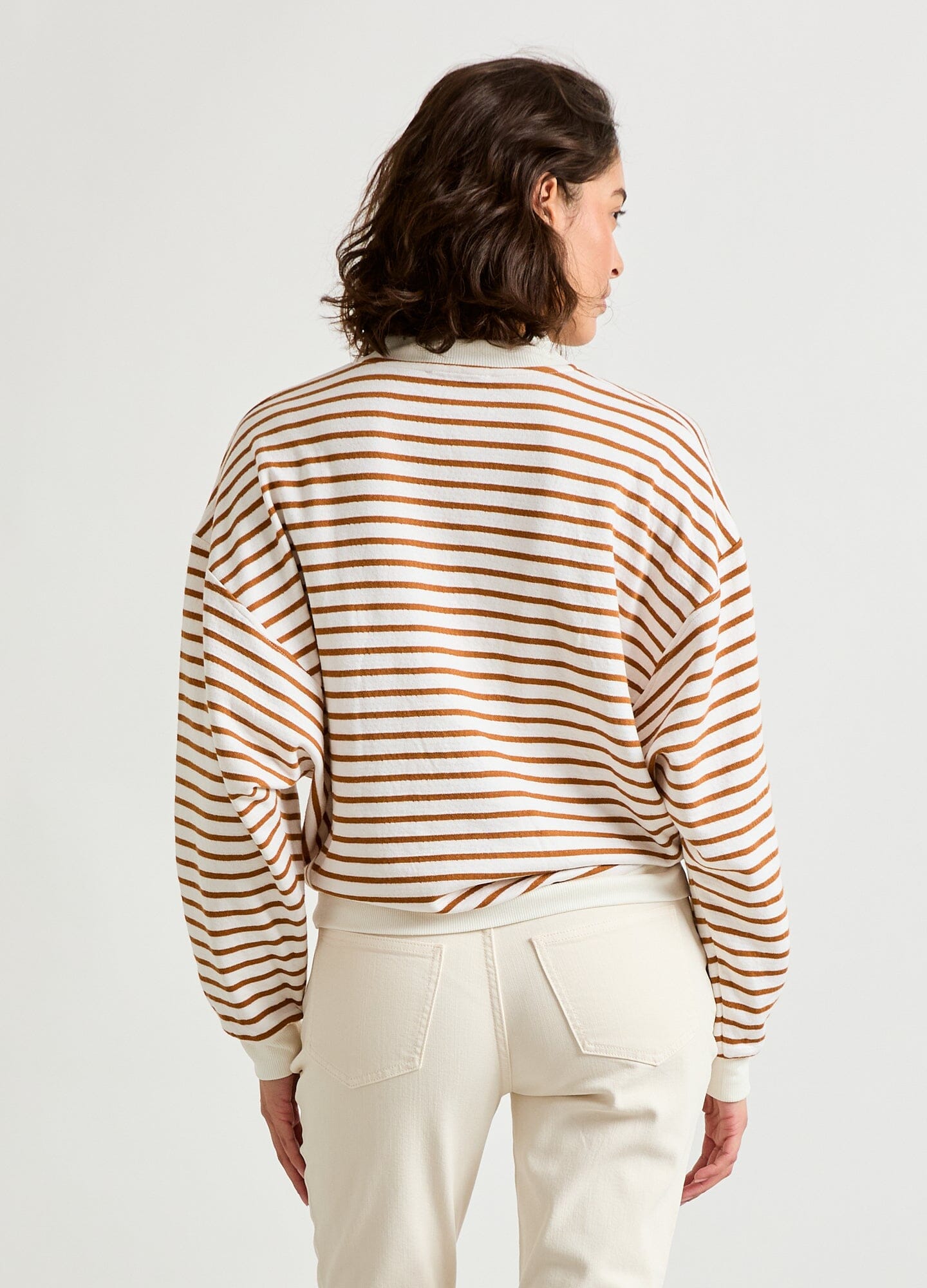 The Dakota Striped Nursing Sweatshirt - Camel striped maternity nursing sweatshirt with front button placket and relaxed fit for pregnancy and postpartum comfort.