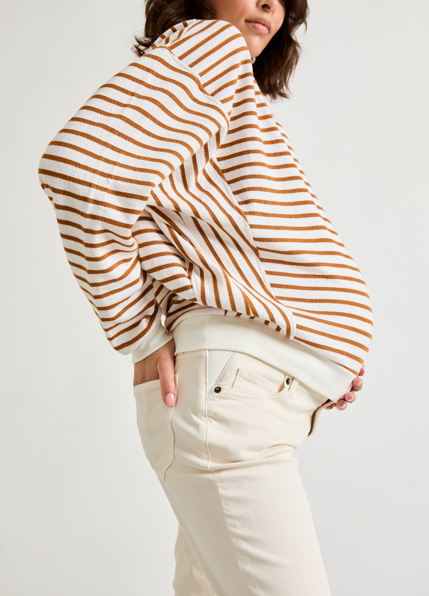 The Dakota Striped Nursing Sweatshirt - Camel striped maternity nursing sweatshirt with front button placket and relaxed fit for pregnancy and postpartum comfort.