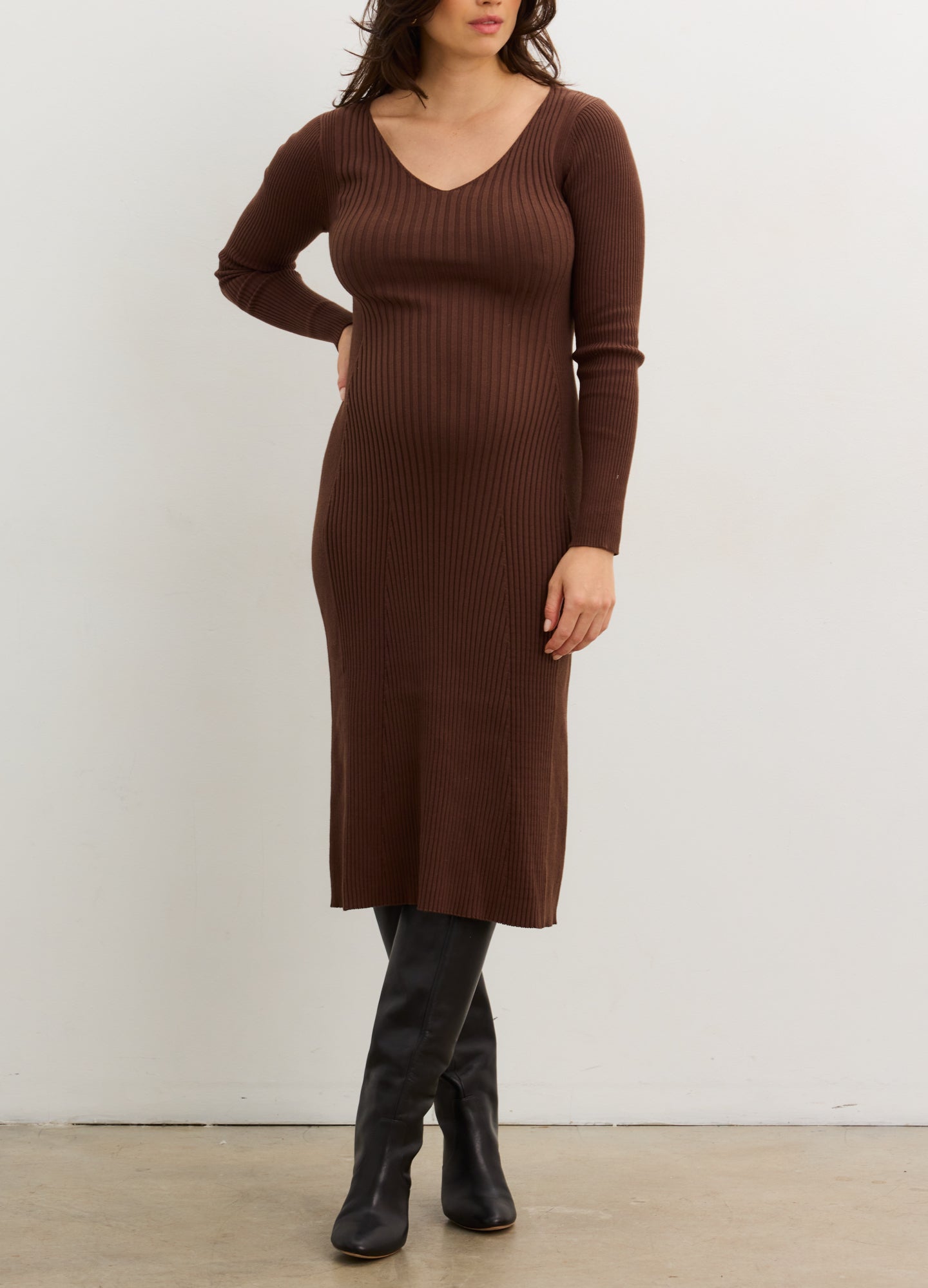 The Dasha Sweater Dress - Chocolate ribbed sweater dress with long sleeves, side slits, and a flattering maternity fit for pregnancy, nursing, and.
