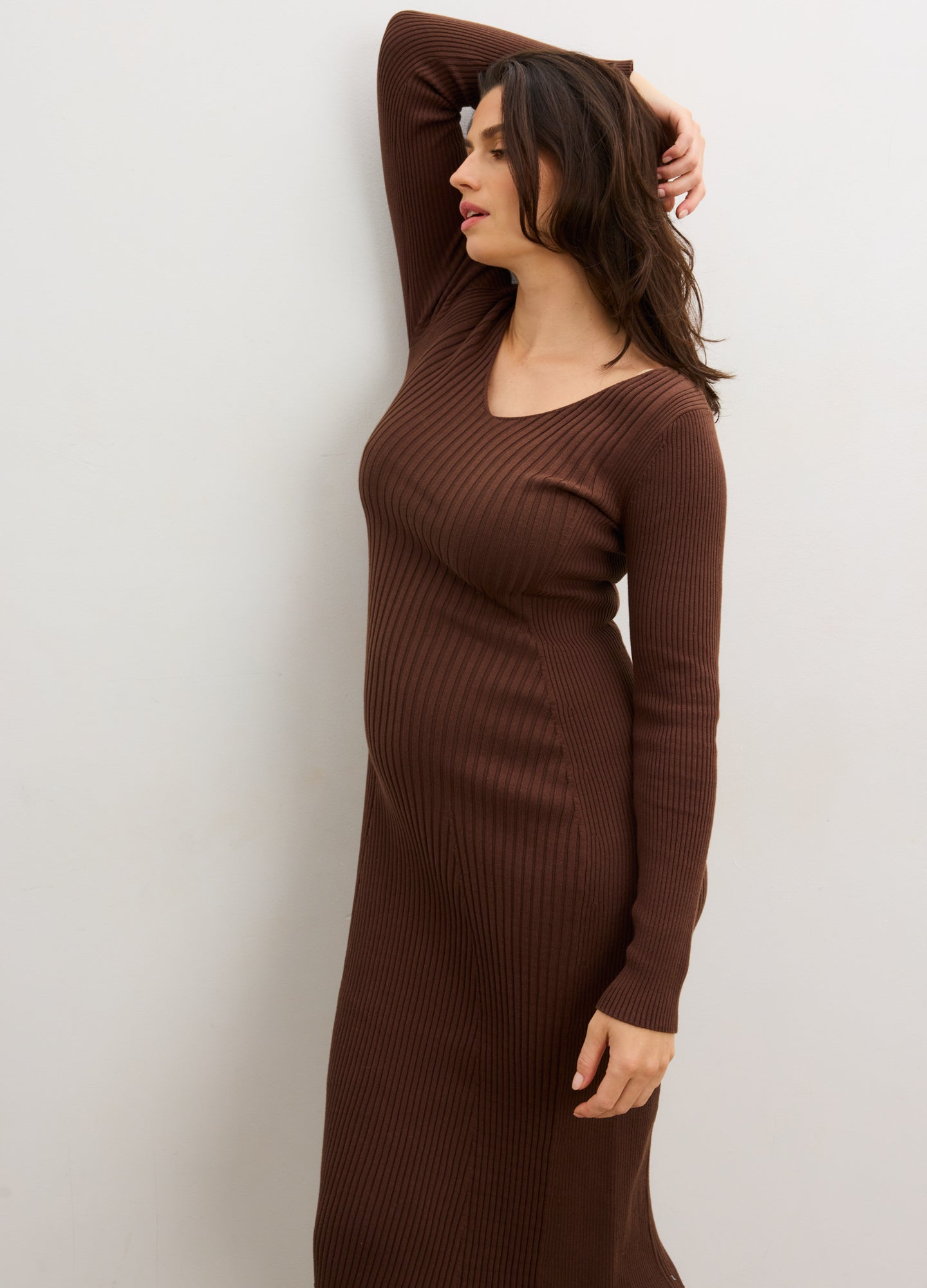 The Dasha Sweater Dress - Chocolate ribbed sweater dress with long sleeves, side slits, and a flattering maternity fit for pregnancy, nursing, and.