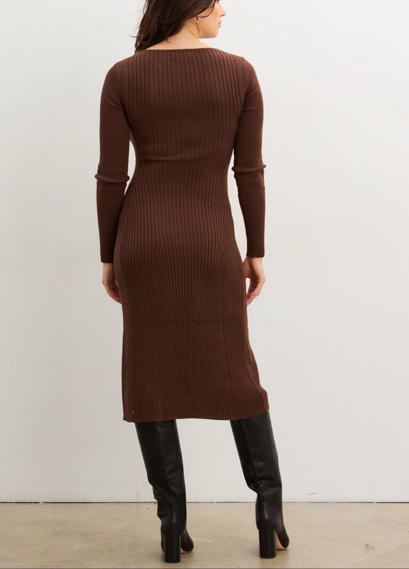 The Dasha Sweater Dress - Chocolate ribbed sweater dress with long sleeves, side slits, and a flattering maternity fit for pregnancy, nursing, and.