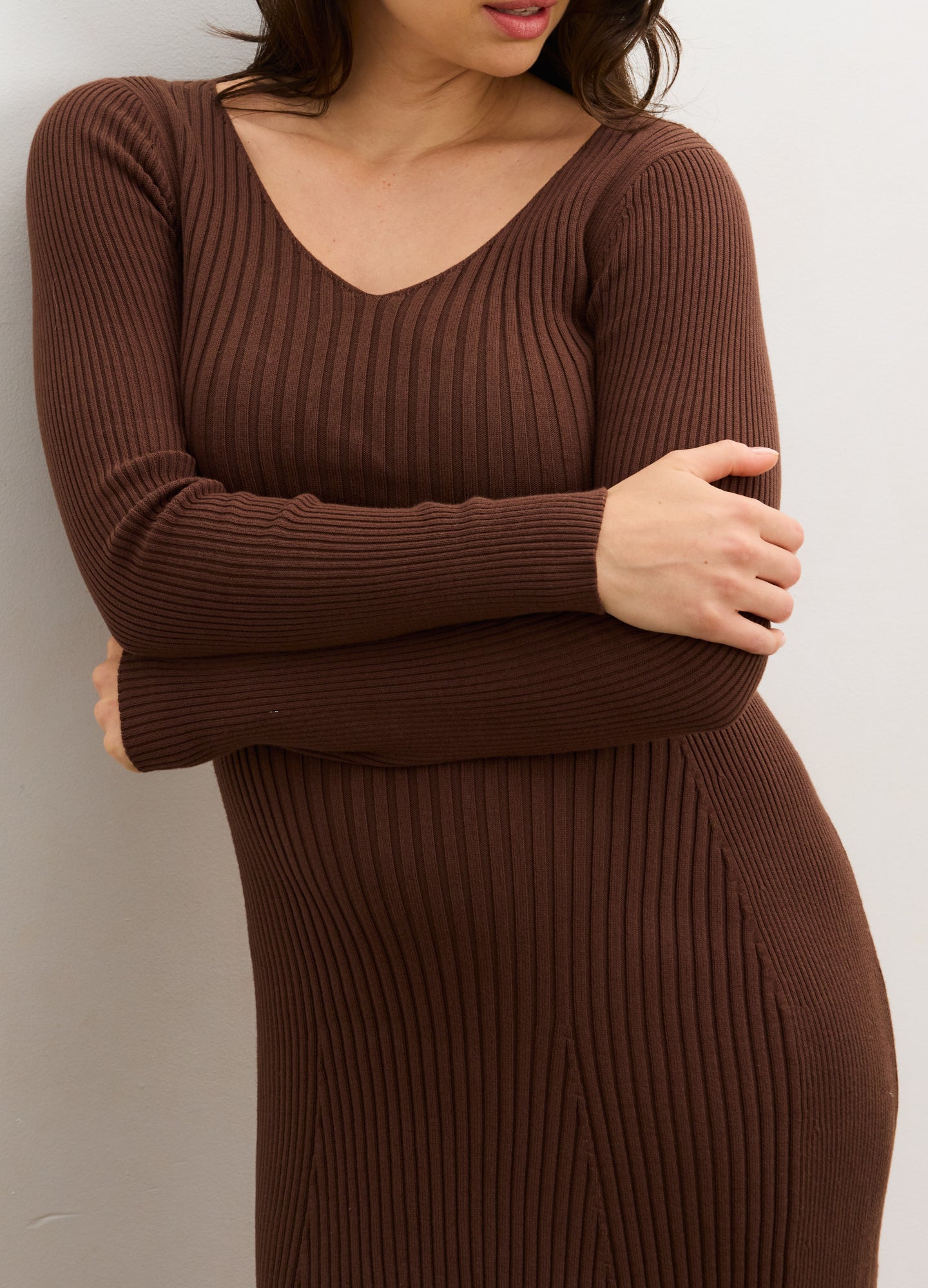The Dasha Sweater Dress - Chocolate ribbed sweater dress with long sleeves, side slits, and a flattering maternity fit for pregnancy, nursing, and.