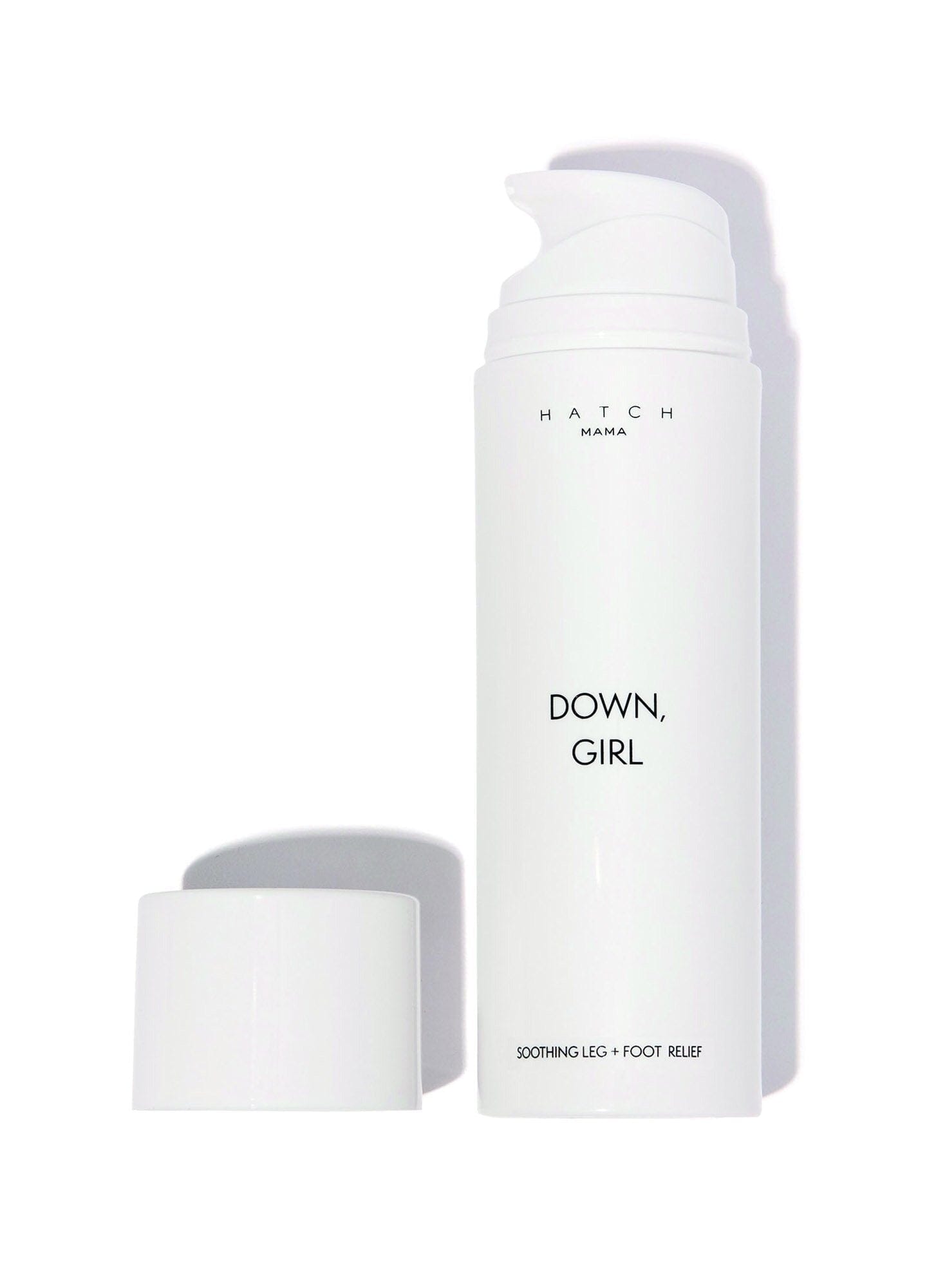 Down, Girl - White lotion bottle labeled Down, Girl with smooth cream dollop, designed for maternity, pregnancy, nursing, postpartum care.