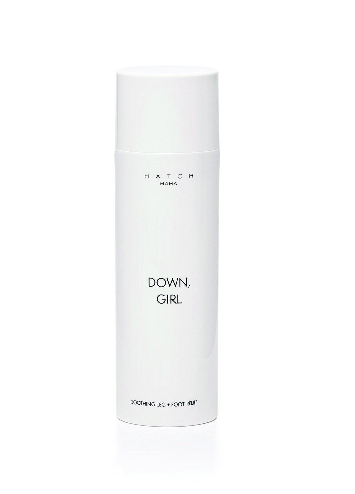 Down, Girl - White lotion bottle labeled Down, Girl with smooth cream dollop, designed for maternity, pregnancy, nursing, postpartum care.