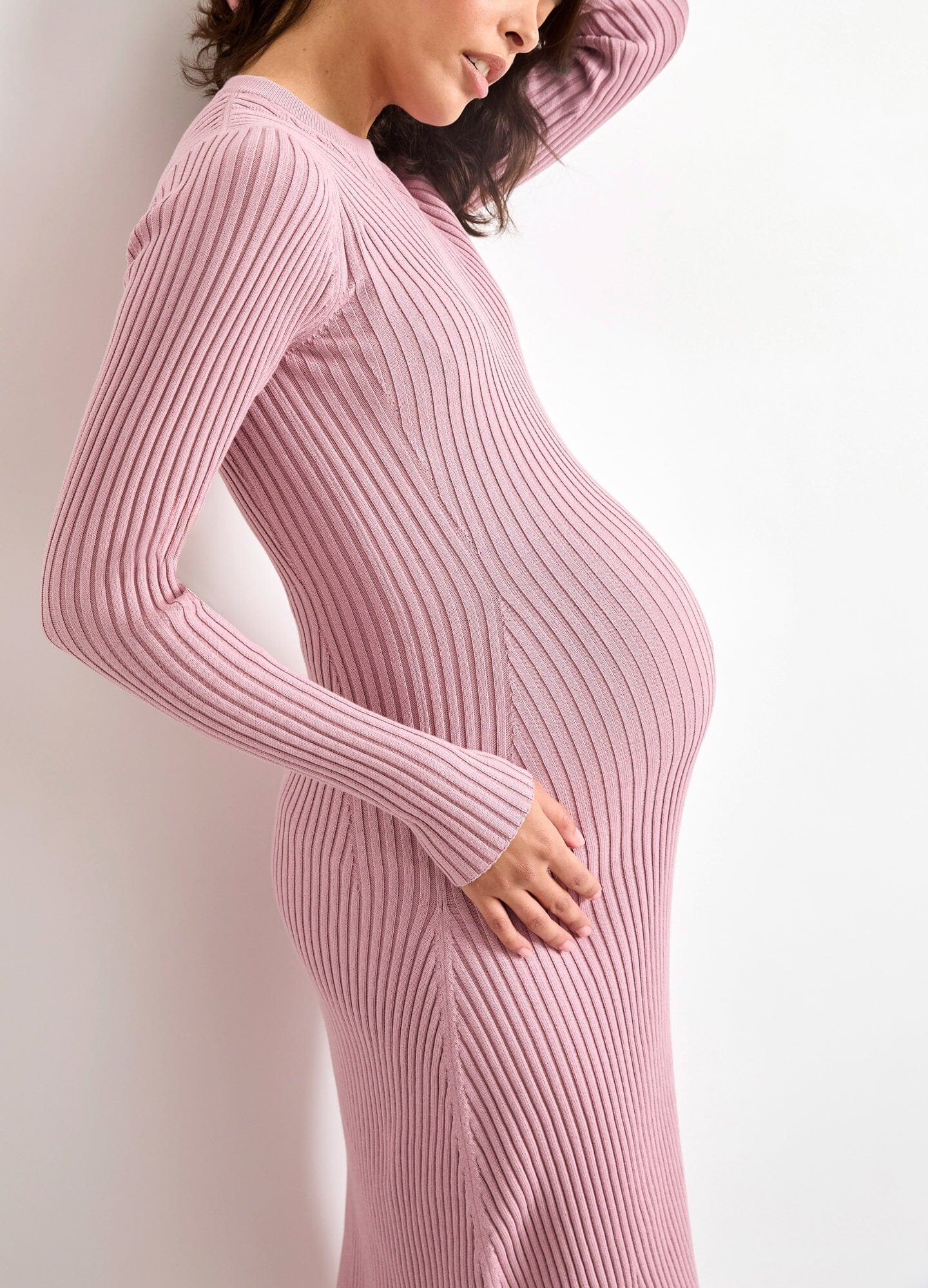 The Eliana Cotton Rib Sweater Dress - Maternity ribbed cotton sweater dress in mocha rose with long sleeves, fitted silhouette for pregnancy and nursing comfort.