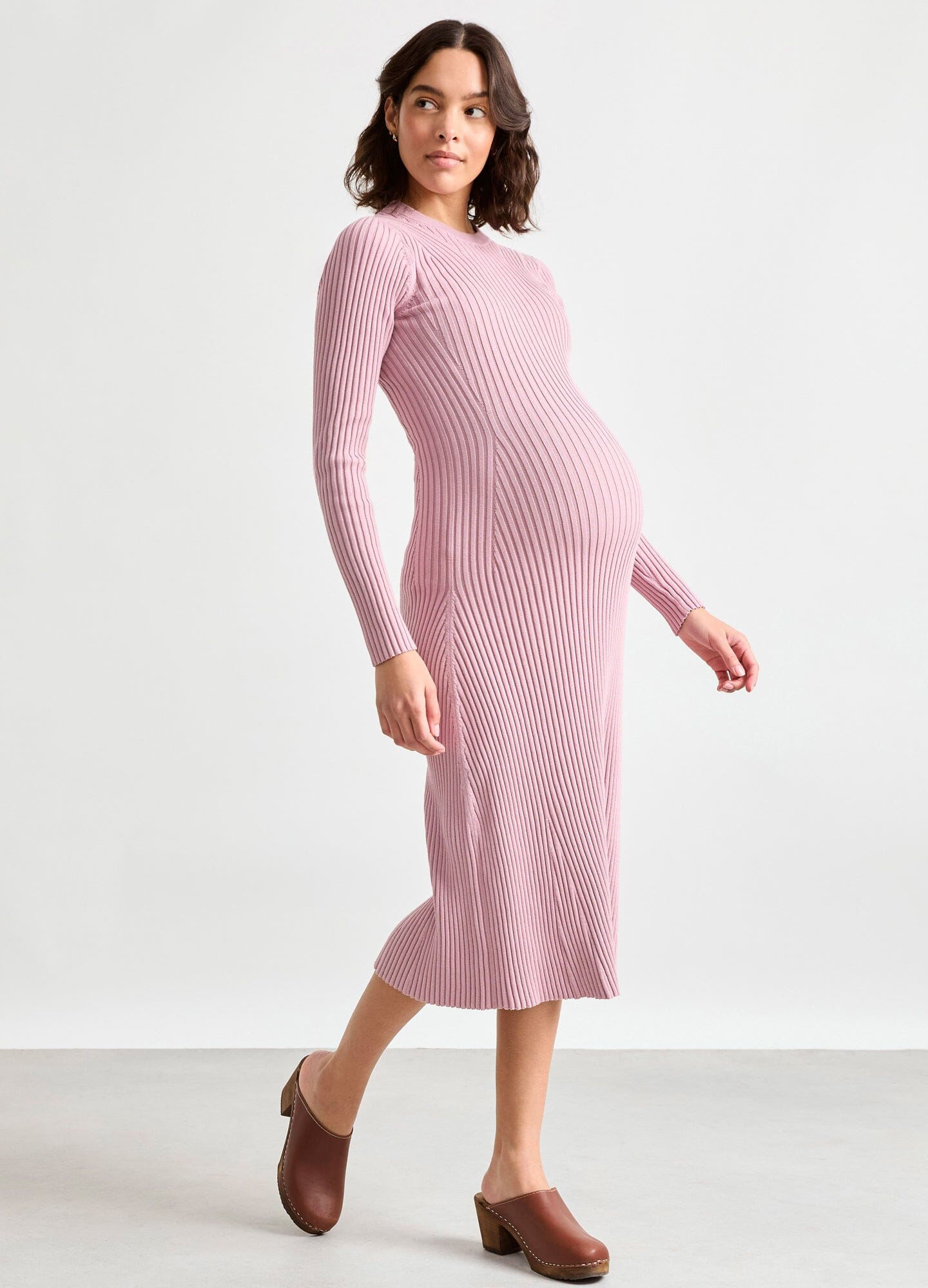 The Eliana Cotton Rib Sweater Dress - Maternity ribbed cotton sweater dress in mocha rose with long sleeves, fitted silhouette for pregnancy and nursing comfort.