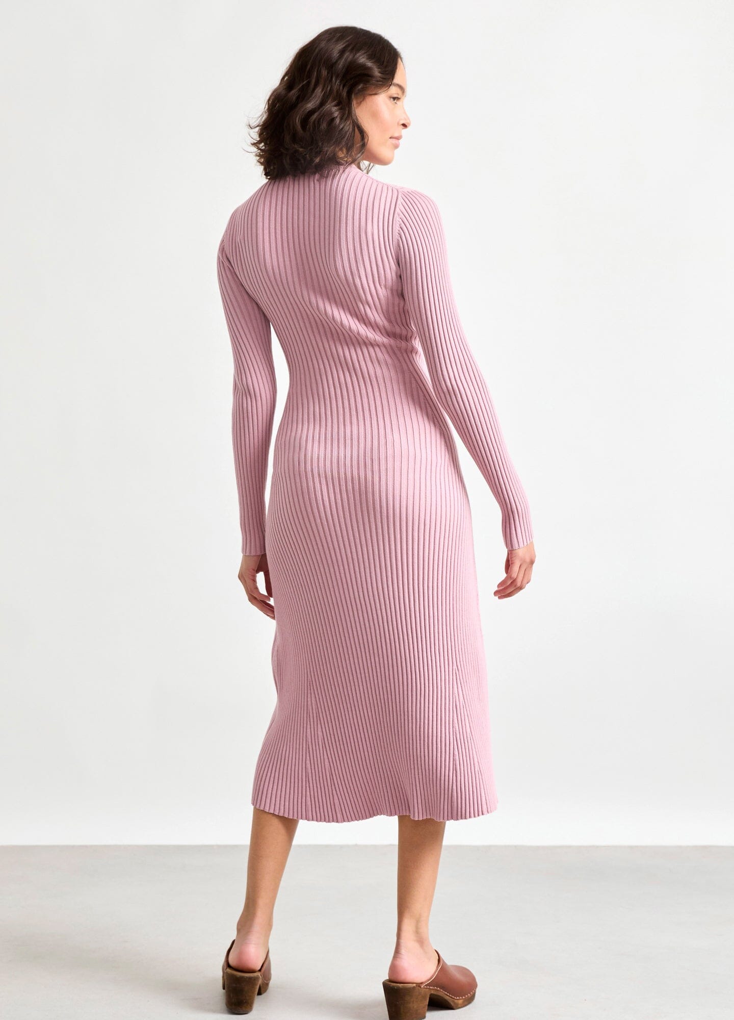 The Eliana Cotton Rib Sweater Dress - Maternity ribbed cotton sweater dress in mocha rose with long sleeves, fitted silhouette for pregnancy and nursing comfort.