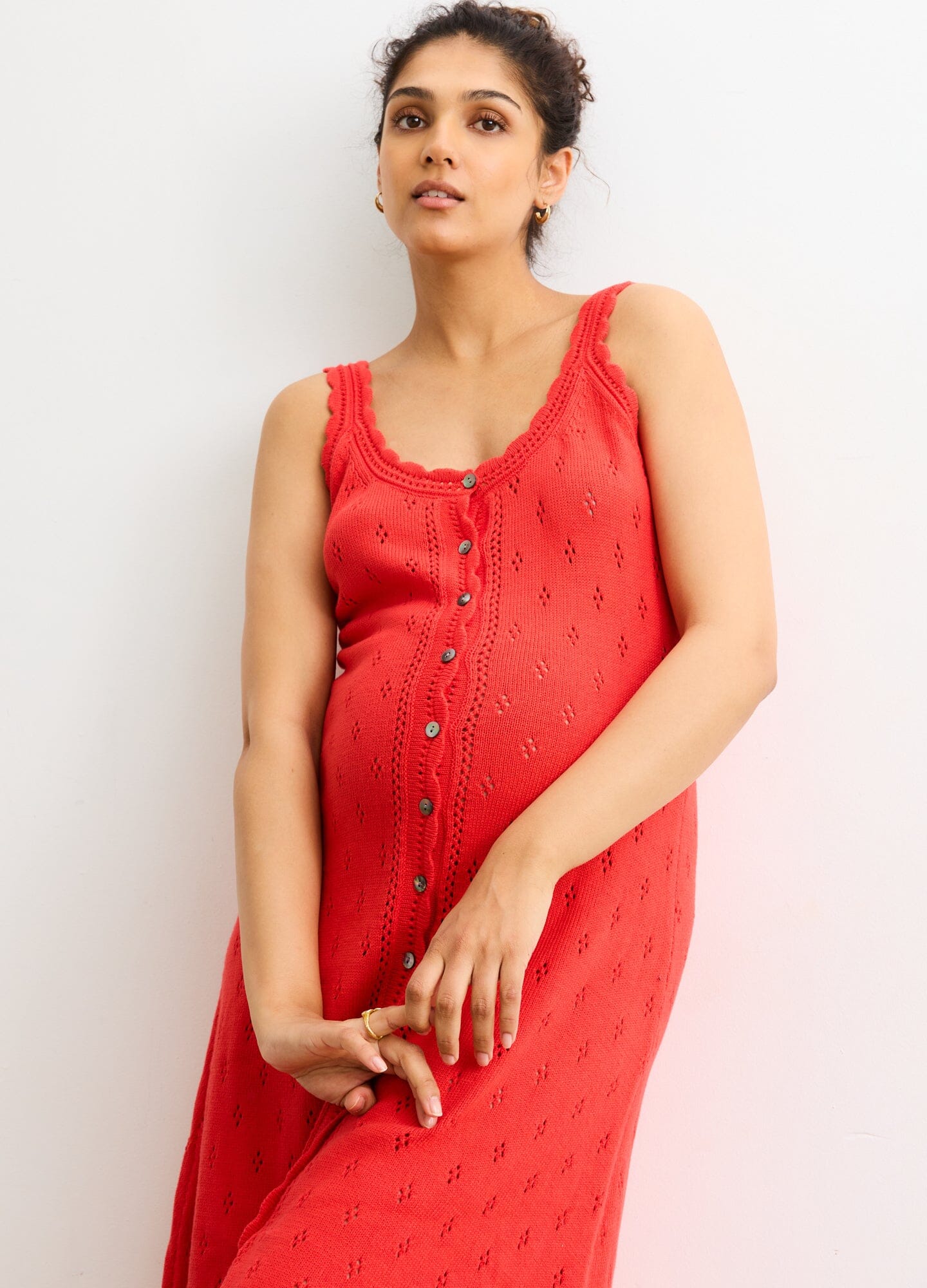 The Eloise Pointelle Nursing Tank Dress - Red Eloise Pointelle nursing tank dress with button-down front, soft textured fabric, designed for maternity, pregnancy,.