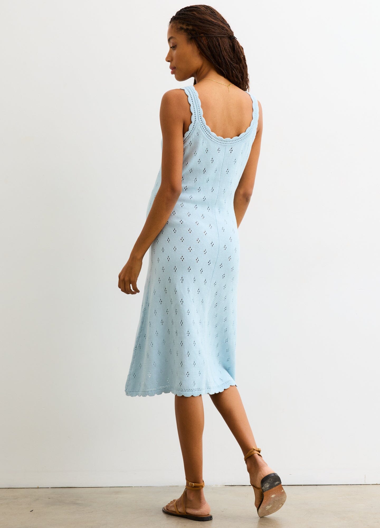 The Eloise Pointelle Nursing Tank Dress - Light blue pointelle knit maternity nursing tank dress with button-front and scoop neckline.
