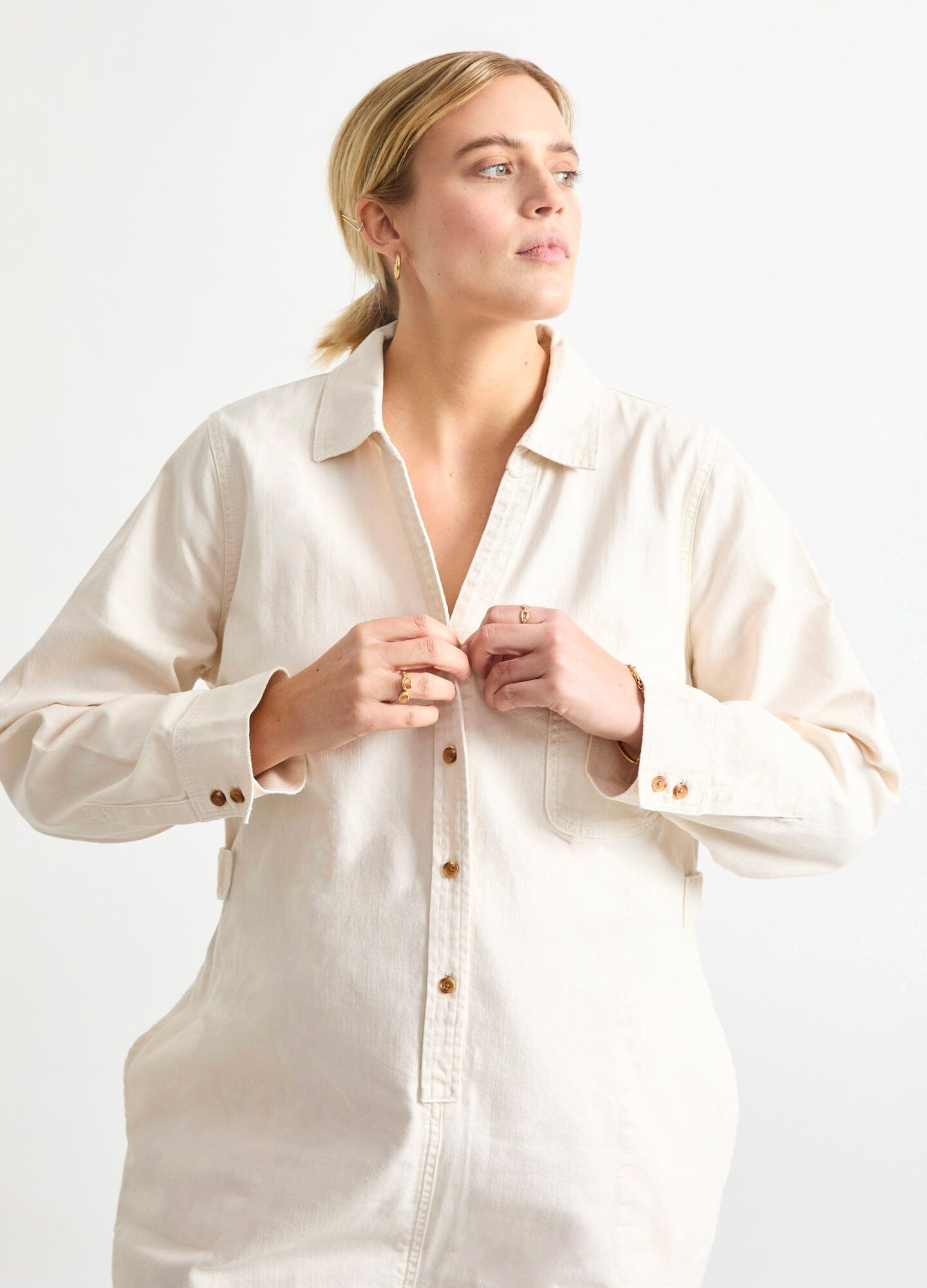 The Everyday Nursing Denim Jumpsuit - Vanilla maternity denim jumpsuit with button-front nursing access, relaxed fit for pregnancy and postpartum.