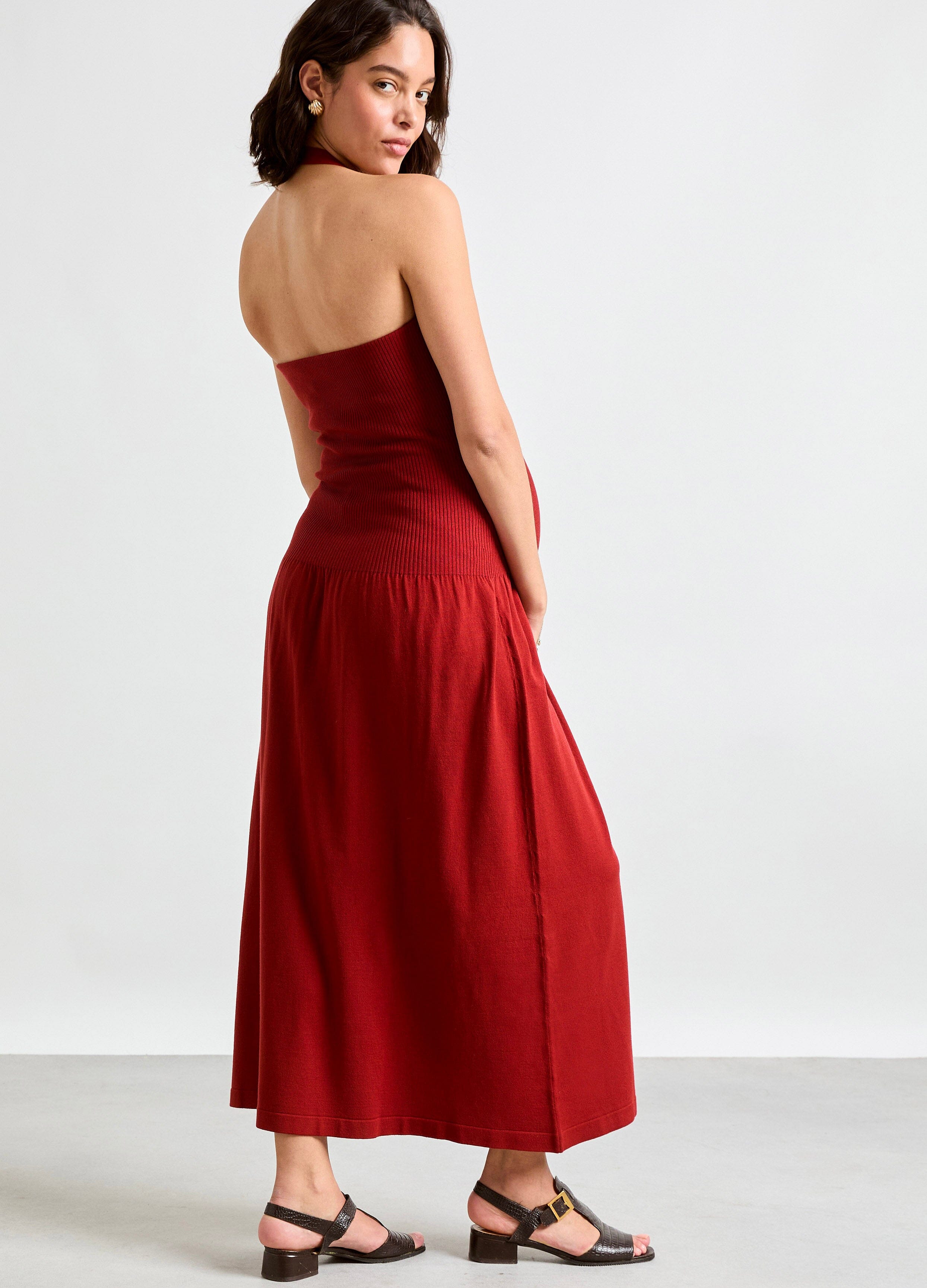 The Fiona Strapless Knit Dress - Chili oil red strapless knit maternity dress with fitted bodice and flared skirt for pregnancy and nursing.