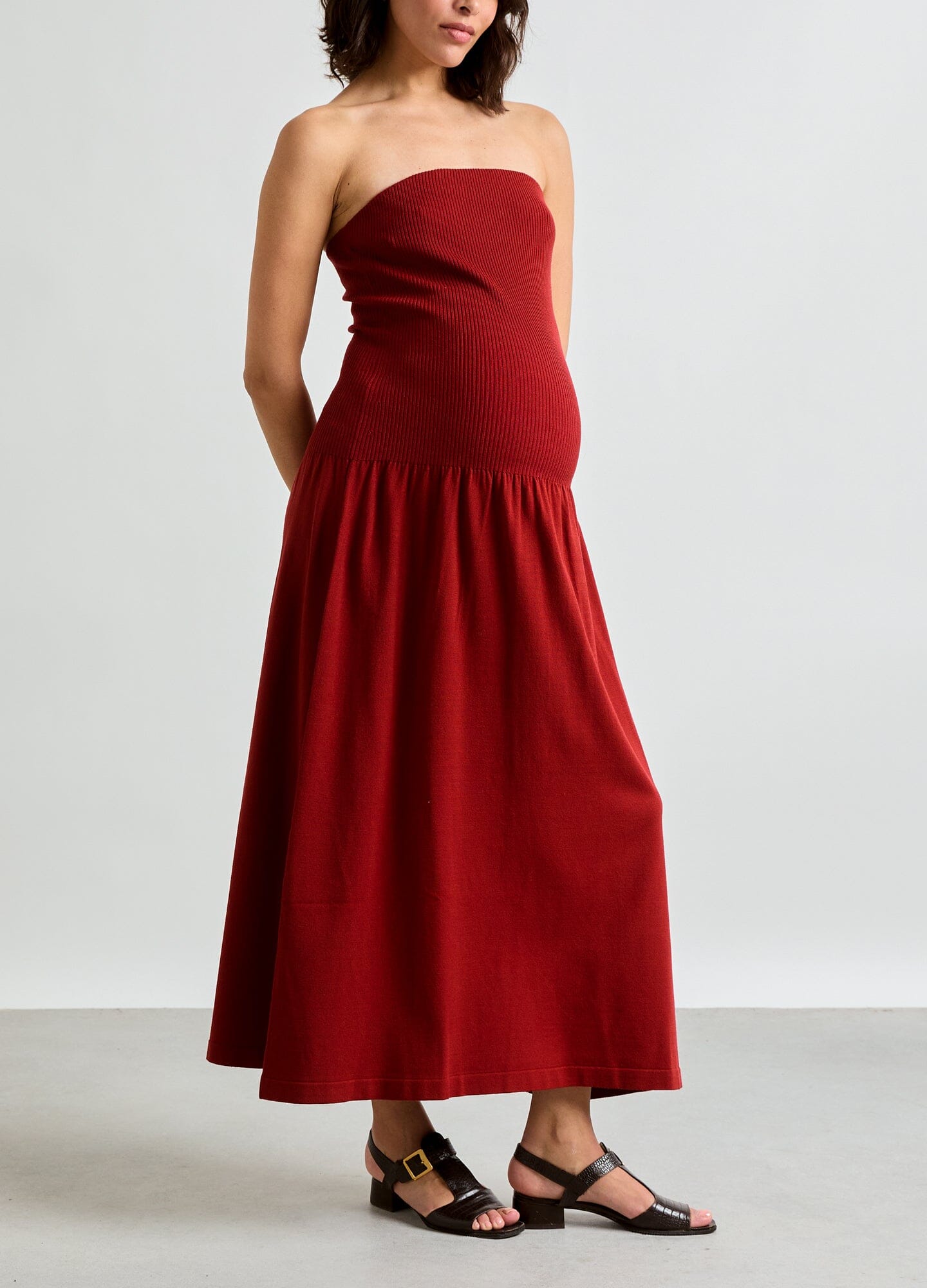 The Fiona Strapless Knit Dress - Chili oil red strapless knit maternity dress with fitted bodice and flared skirt for pregnancy and nursing.
