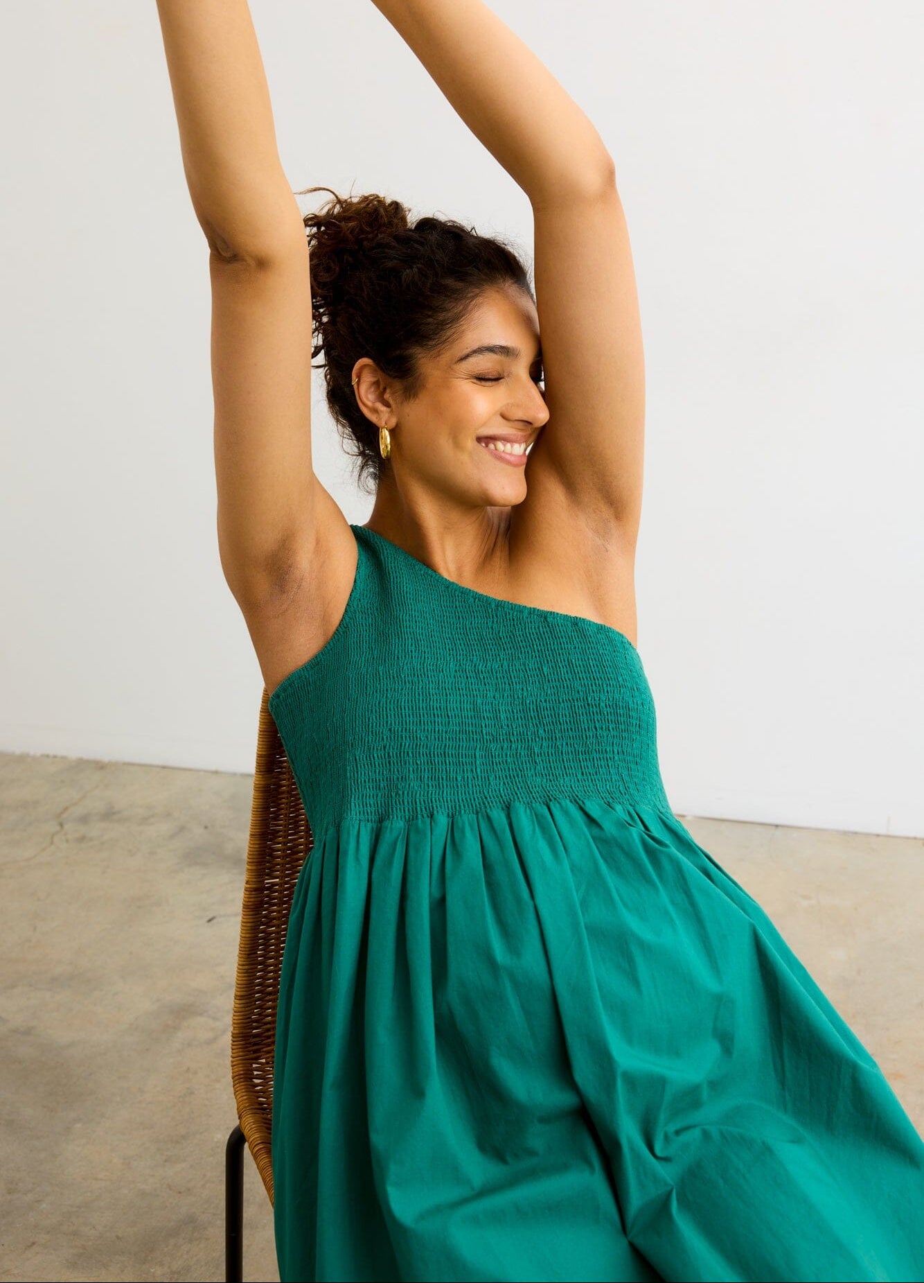 The Kendra Dress - Antique green one-shoulder maternity dress with smocked bodice and flowing skirt, ideal for pregnancy and nursing.