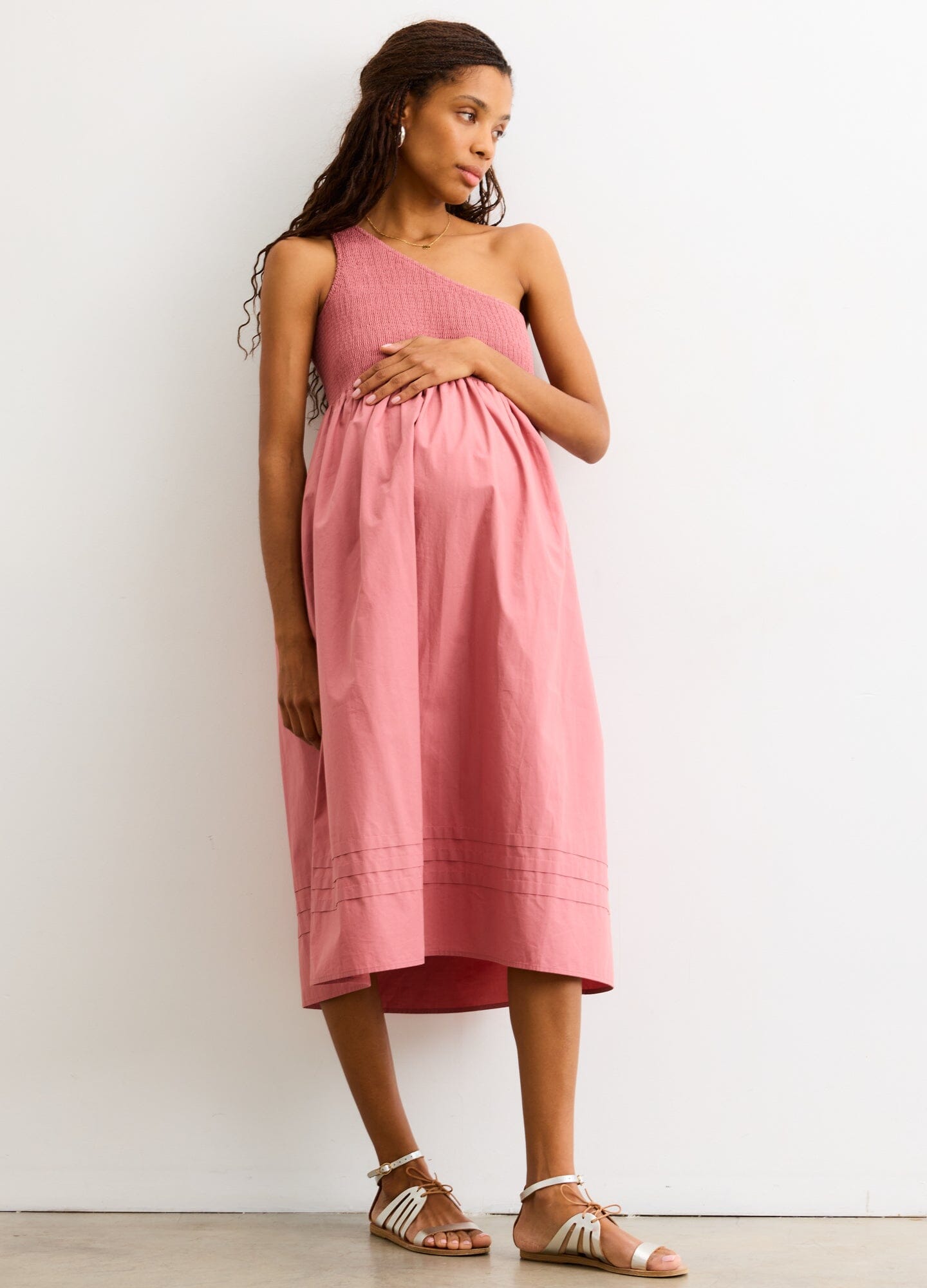 The Kendra Dress - One-shoulder dusty rose maternity dress with gathered waist and flowing skirt, designed for pregnancy and nursing.