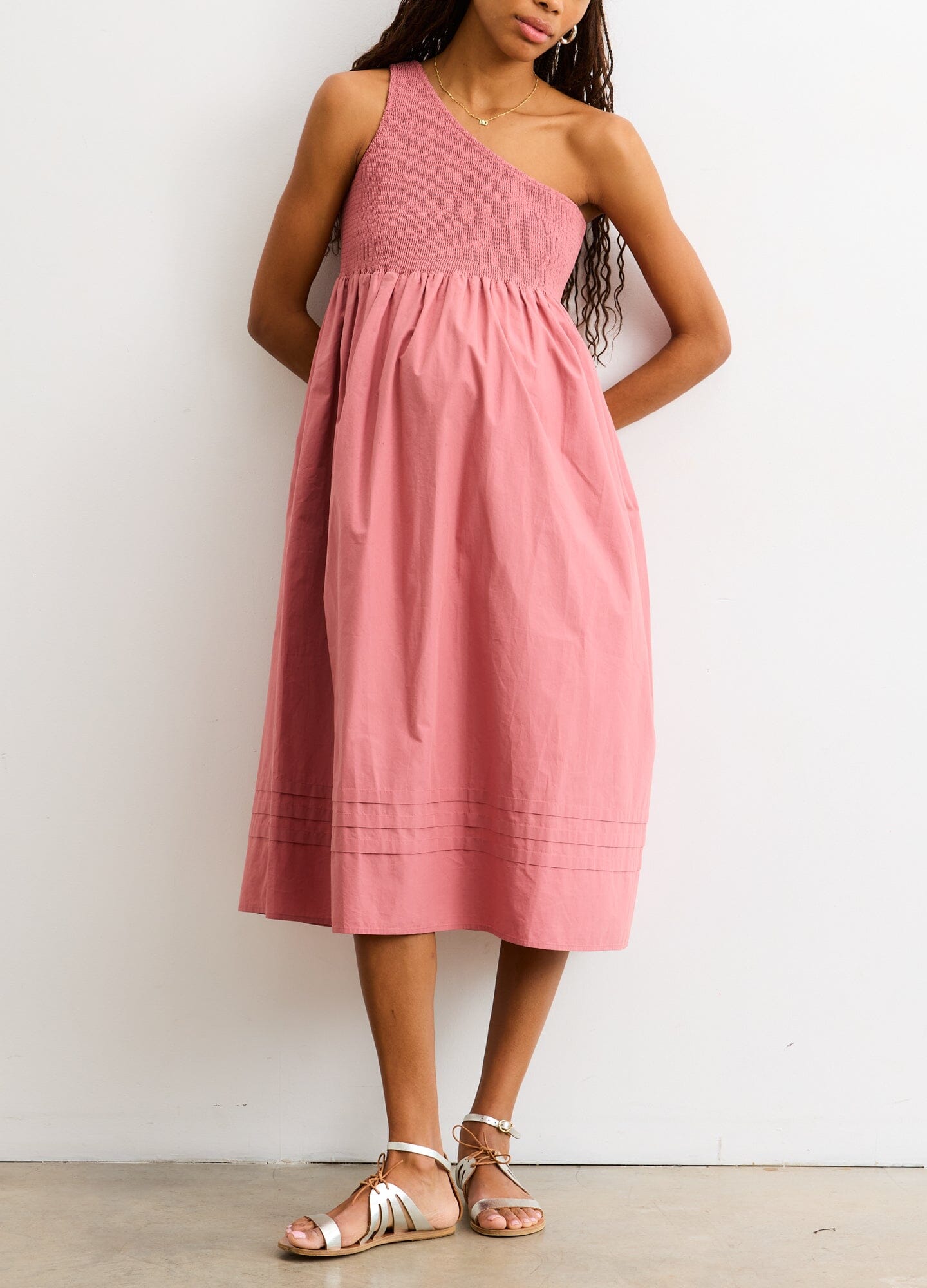 The Kendra Dress - One-shoulder dusty rose maternity dress with gathered waist and flowing skirt, designed for pregnancy and nursing.