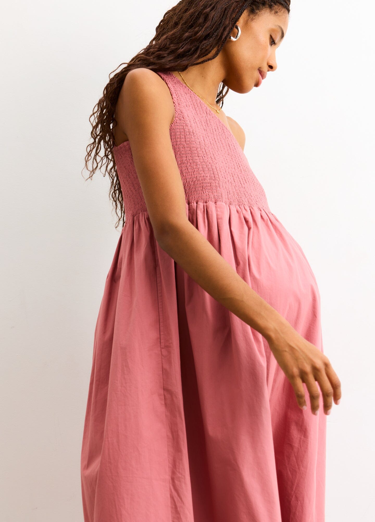 The Kendra Dress - One-shoulder dusty rose maternity dress with gathered waist and flowing skirt, designed for pregnancy and nursing.