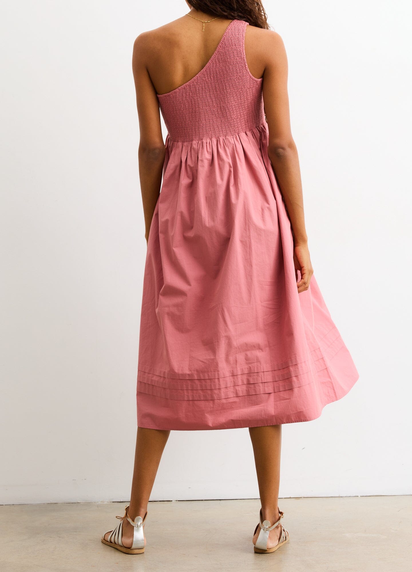 The Kendra Dress - One-shoulder dusty rose maternity dress with gathered waist and flowing skirt, designed for pregnancy and nursing.
