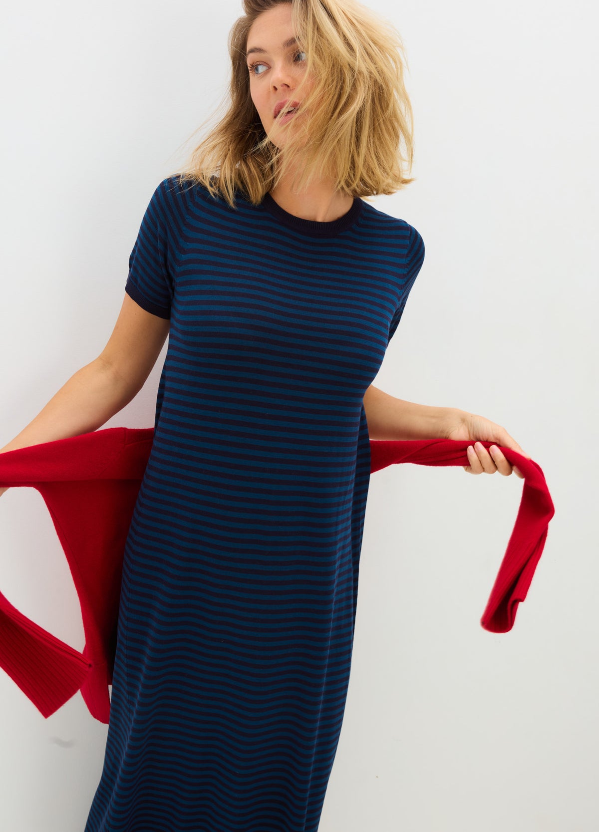 navy blue striped dress The Knit James Casual2025 A cute 4th of Mesh Long Sleeve Beautiful size:US16