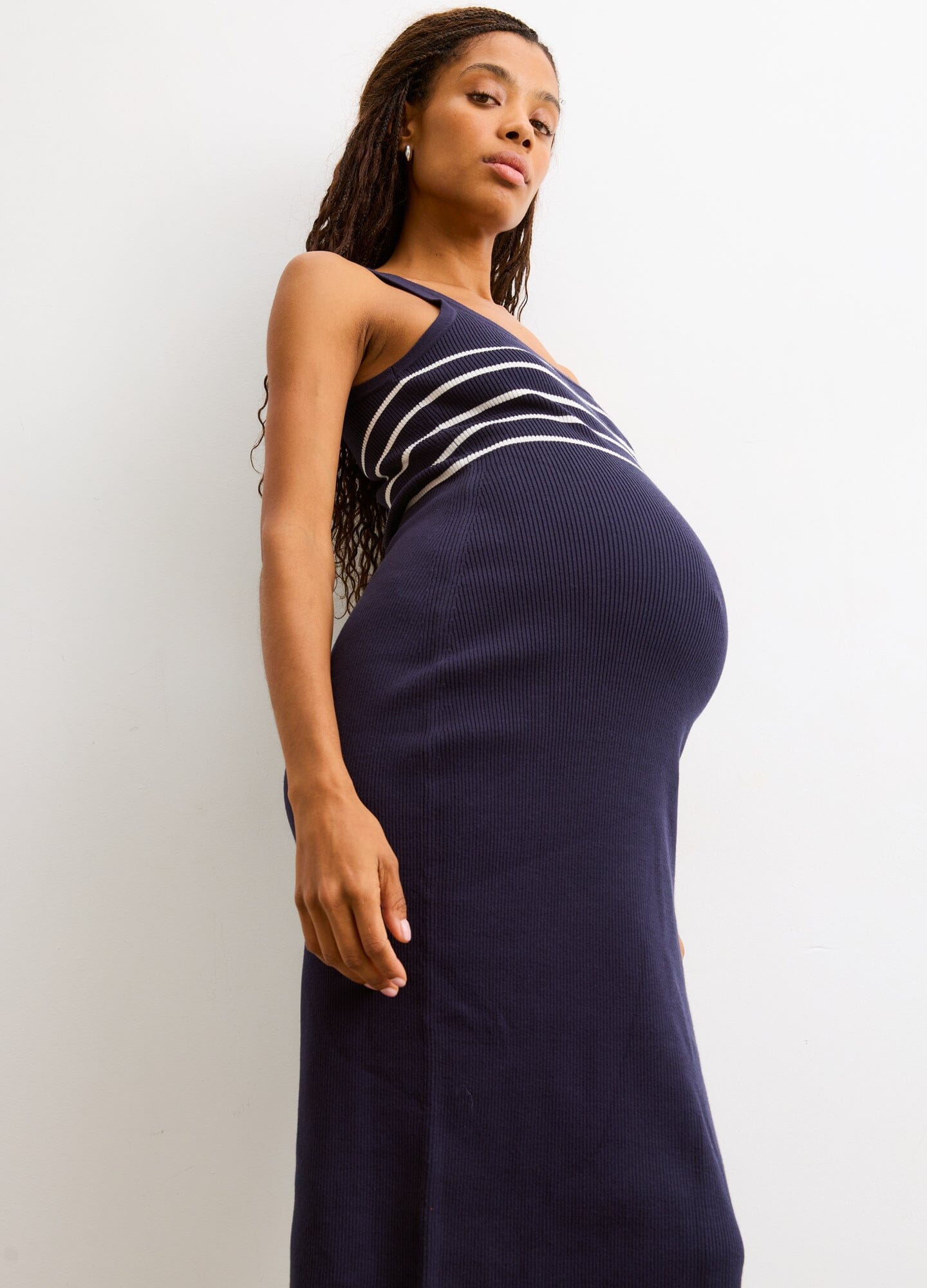 The Kristen Ribbed Knit Tank Dress - Navy and white striped ribbed knit tank dress with scoop neckline, designed for maternity, nursing, and postpartum.