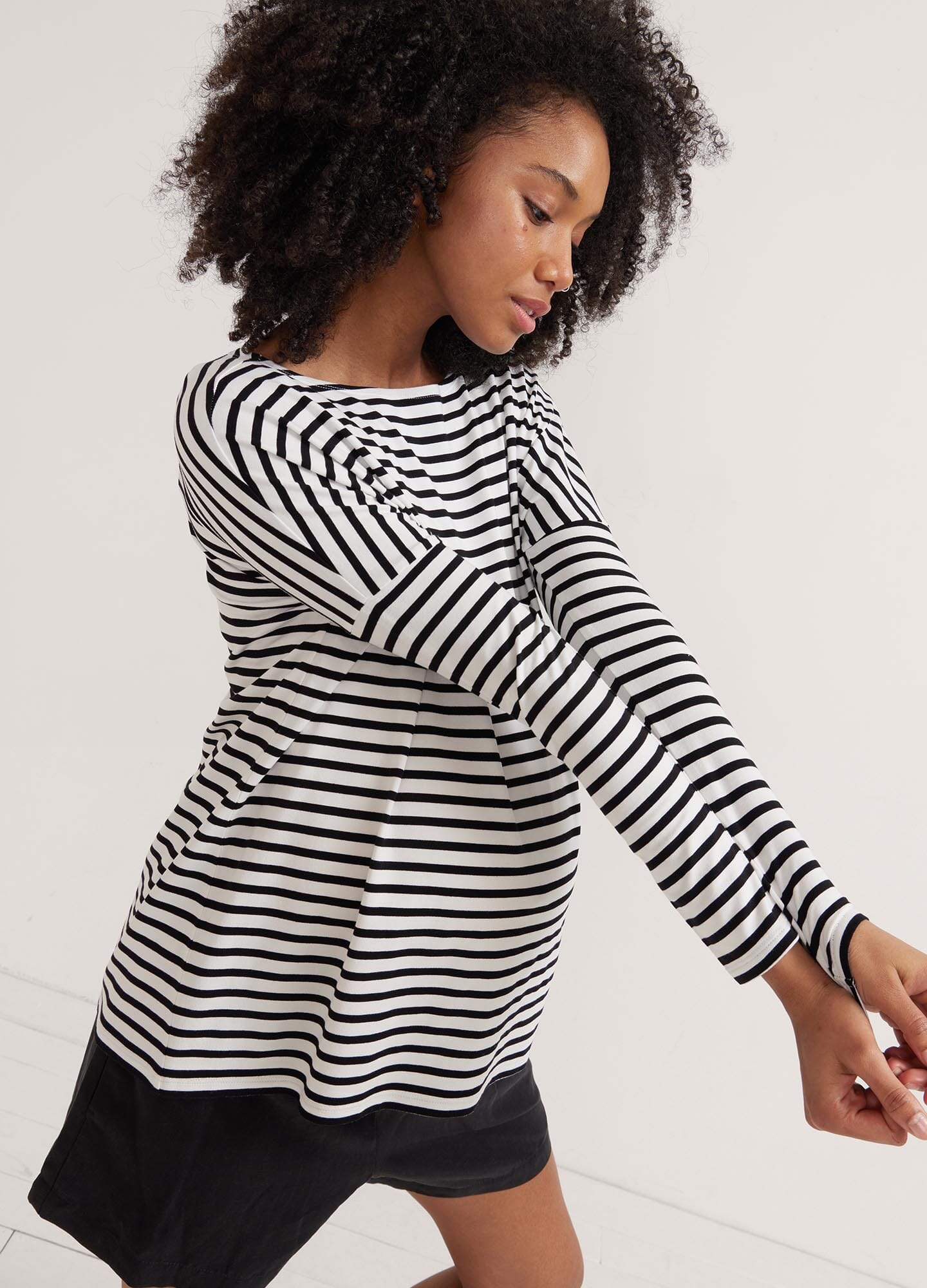 The Perfect Longsleeve Tee - Black and white striped maternity long sleeve tee with relaxed fit and round neckline, designed for pregnancy, nursing, and.