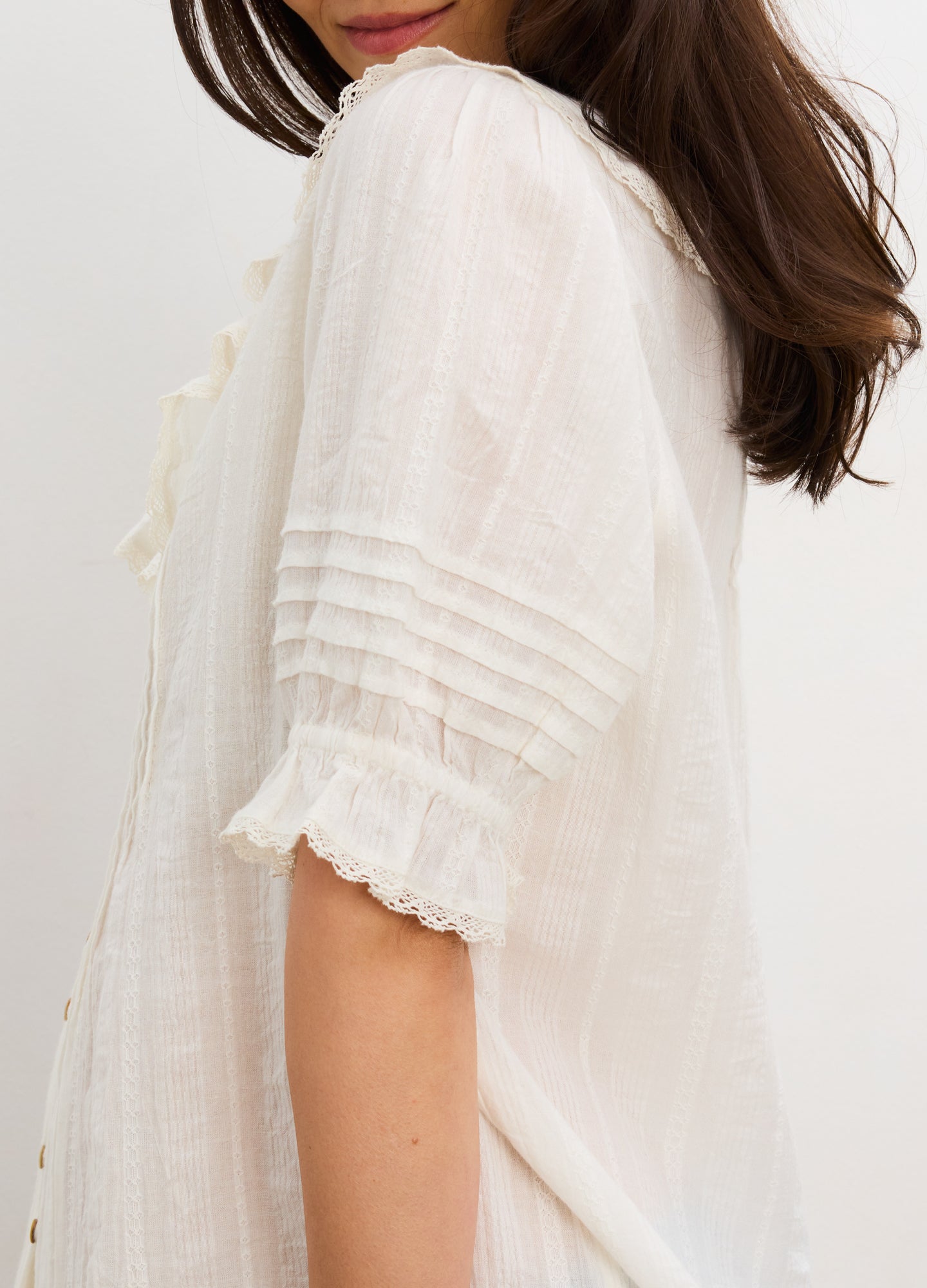 The Lou Lou Nursing Blouse - Vanilla maternity nursing blouse with button front and delicate ruffle trim, designed for pregnancy and postpartum.