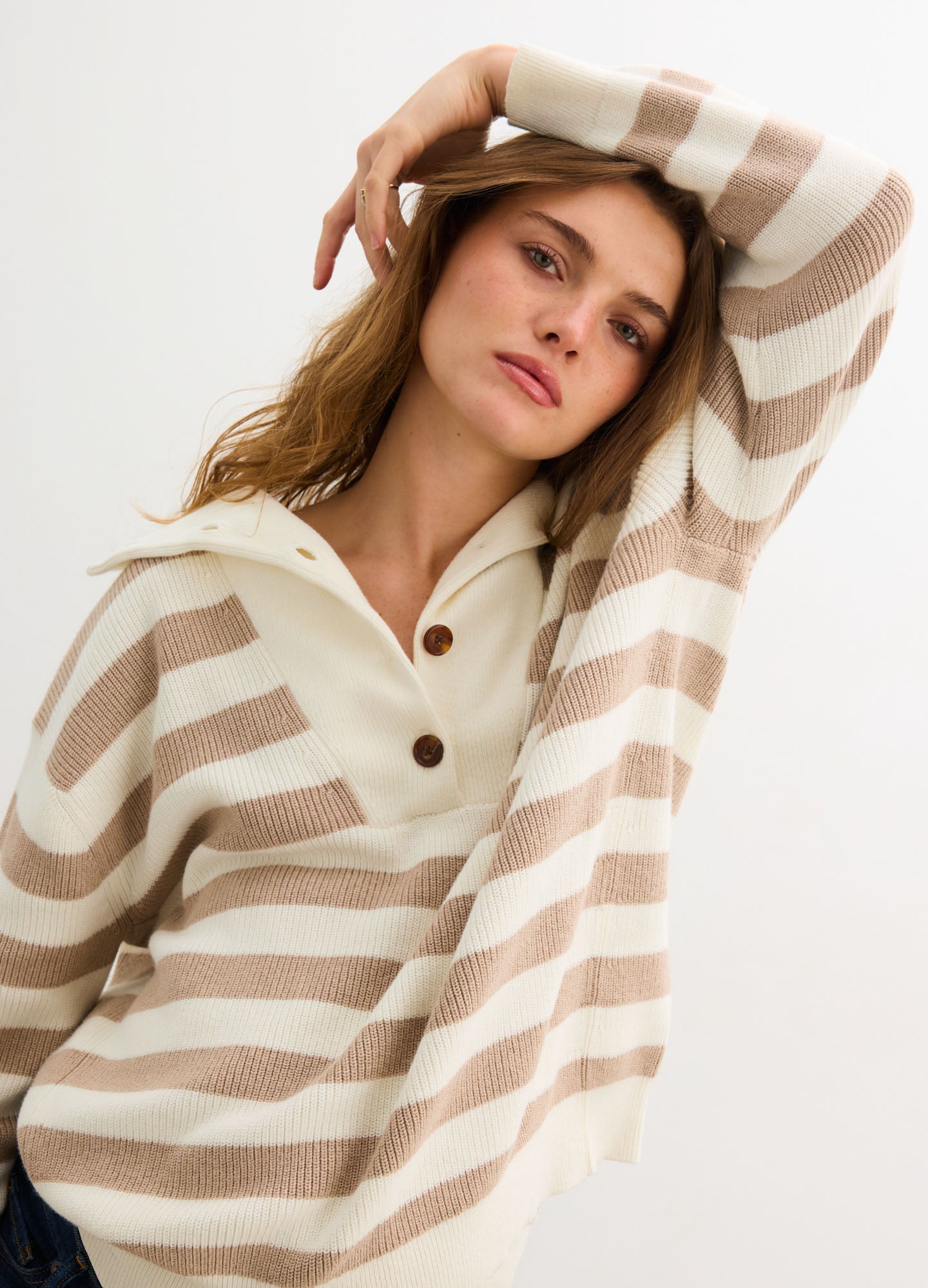 The Mariner Knit Pullover - Ivory and biscuit striped knit pullover with button collar, designed for maternity, nursing, and postpartum wear.