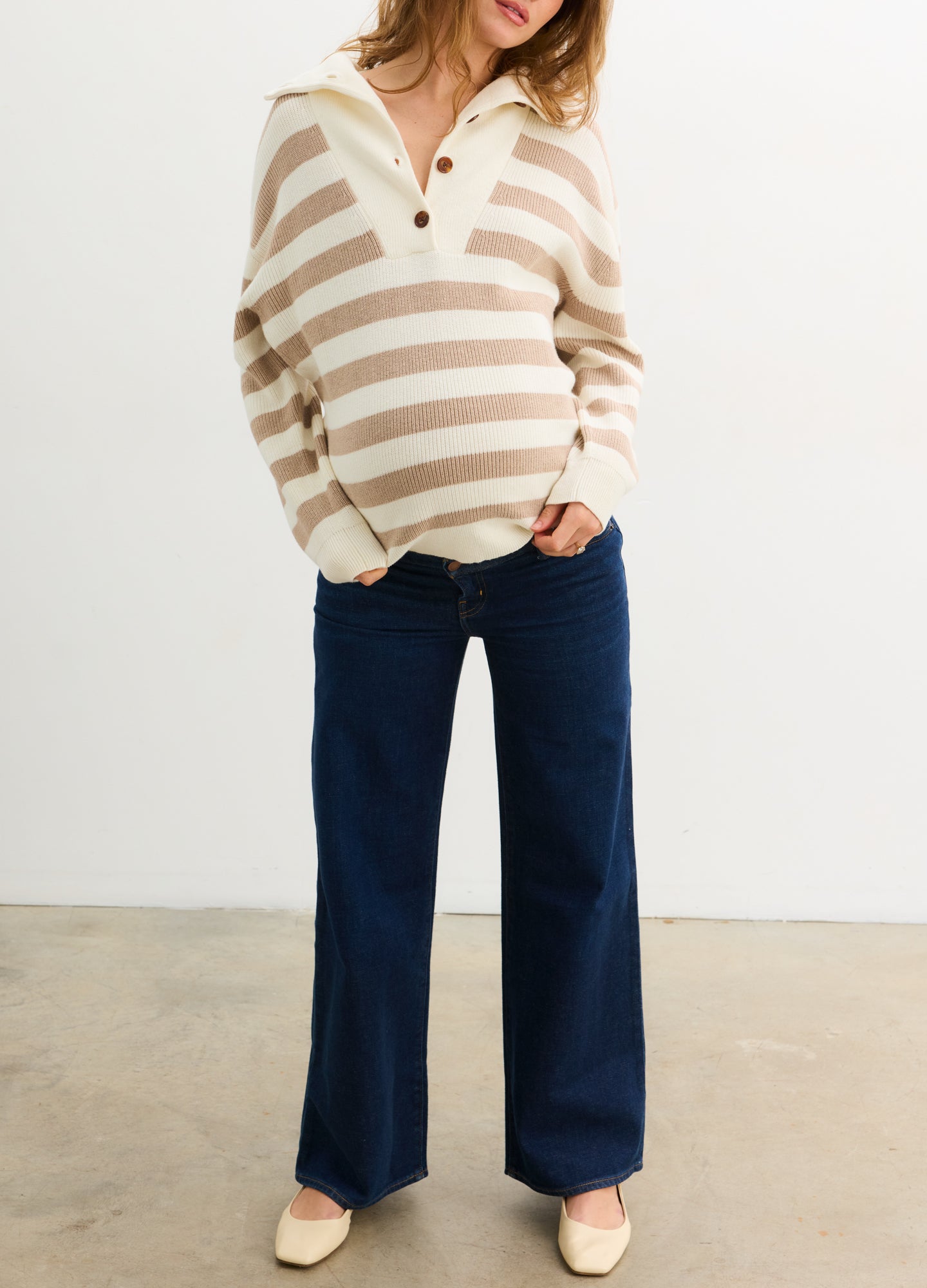 The Mariner Knit Pullover - Ivory and biscuit striped knit pullover with button collar, designed for maternity, nursing, and postpartum wear.