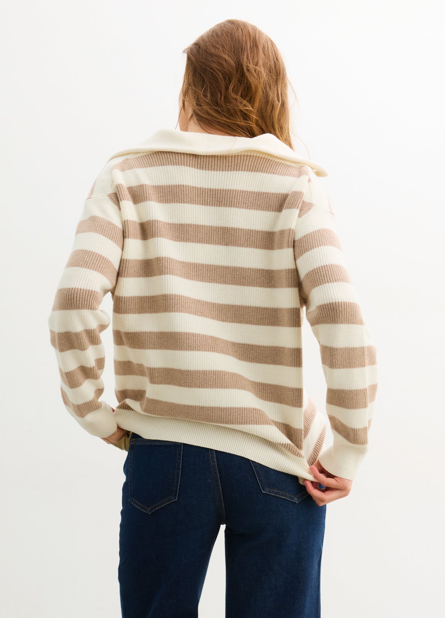 The Mariner Knit Pullover - Ivory and biscuit striped knit pullover with button collar, designed for maternity, nursing, and postpartum wear.