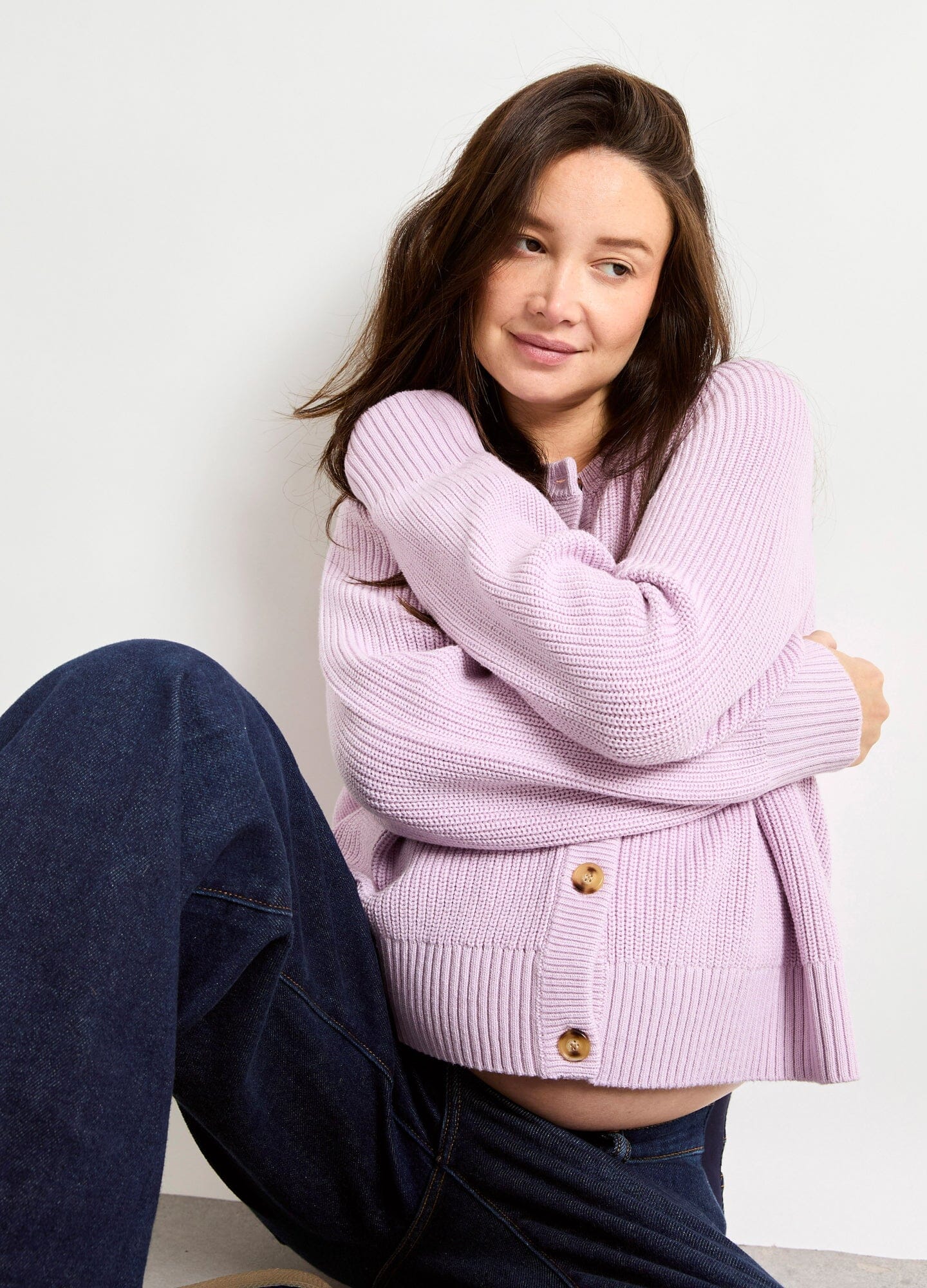 The Mini Cocoon Marlow Cardi - Lilac maternity cardigan with wooden buttons, ribbed knit texture, designed for nursing and postpartum comfort.