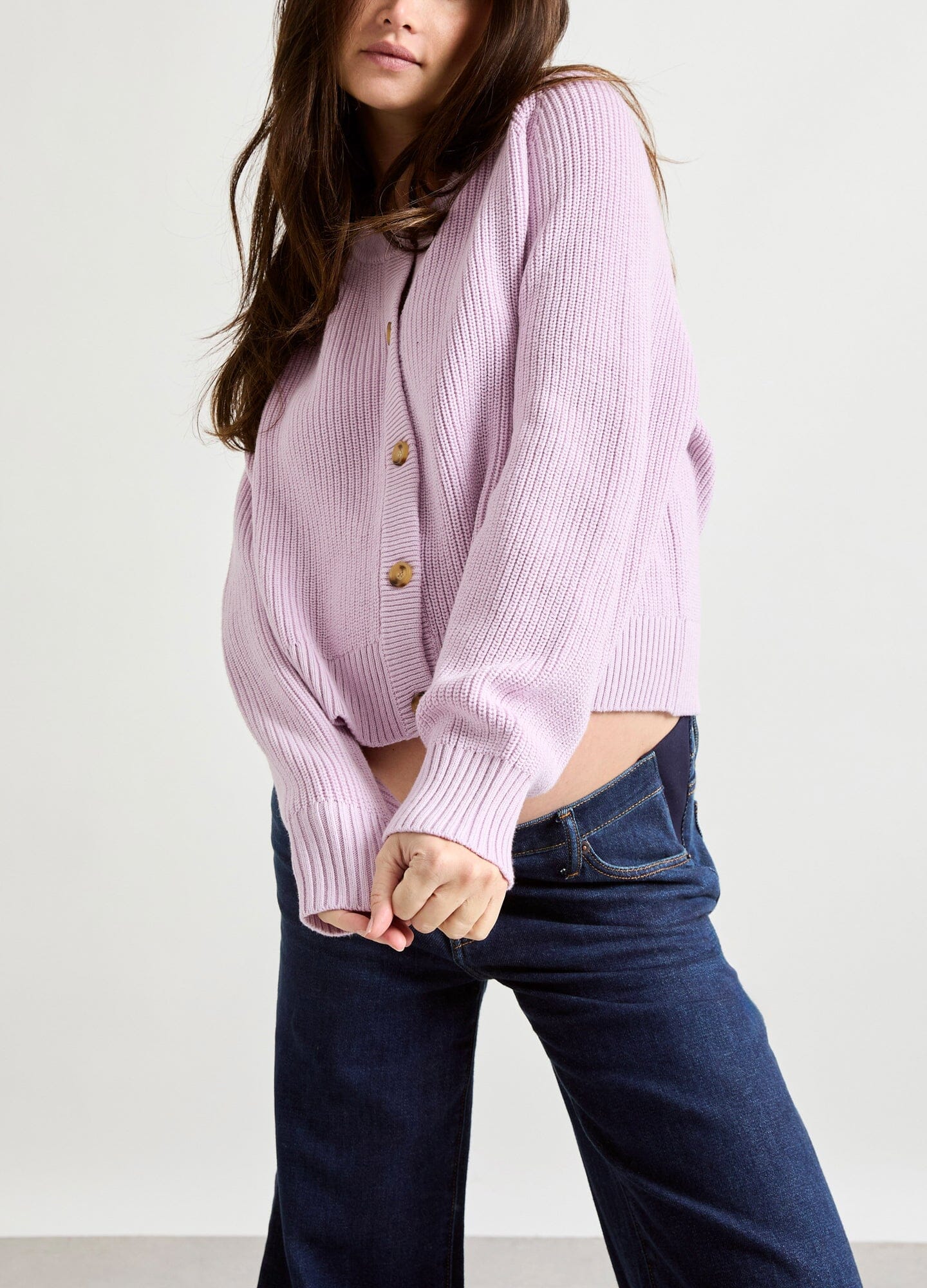 The Mini Cocoon Marlow Cardi - Lilac maternity cardigan with wooden buttons, ribbed knit texture, designed for nursing and postpartum comfort.