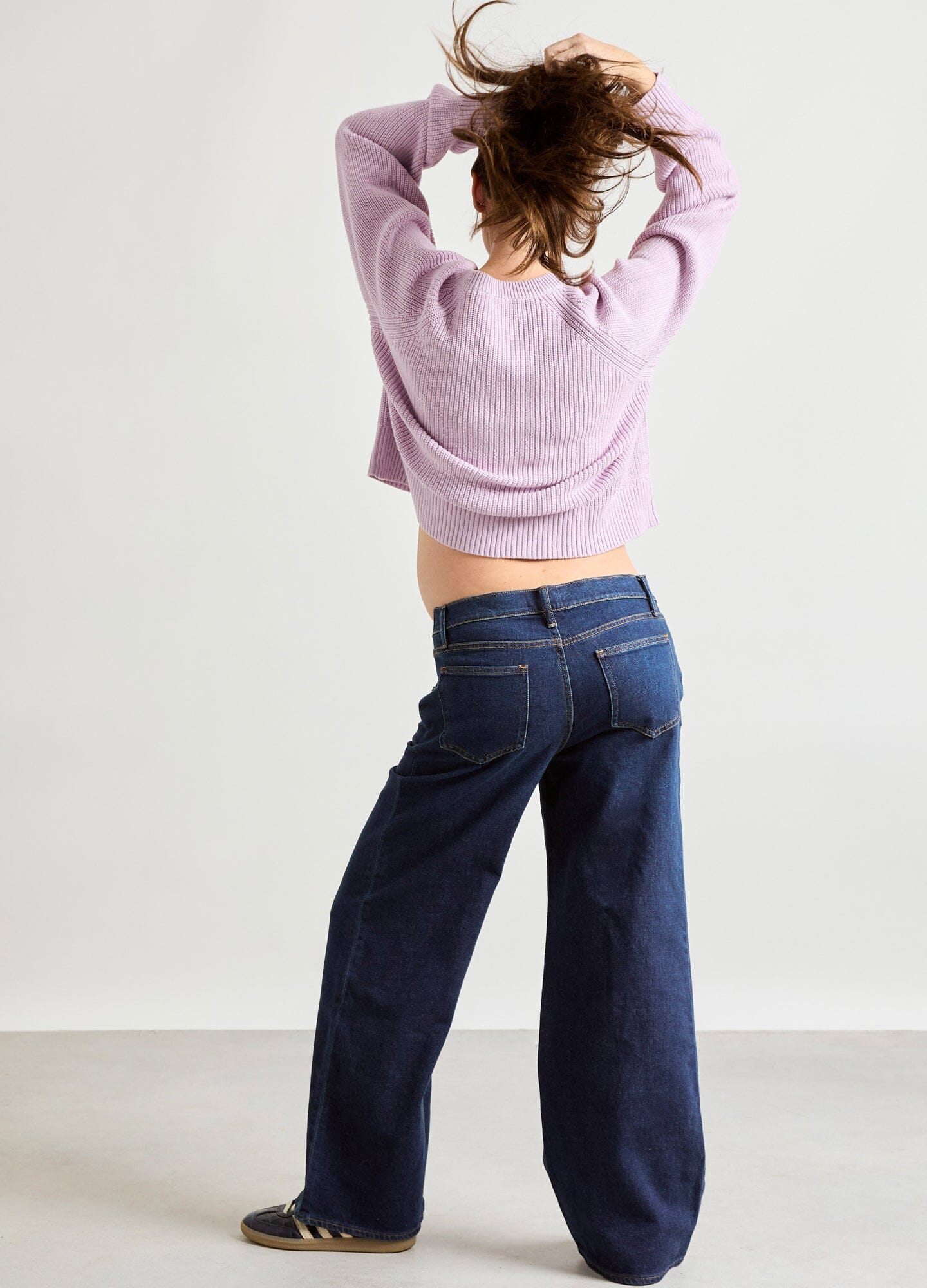 The Mini Cocoon Marlow Cardi - Lilac maternity cardigan with wooden buttons, ribbed knit texture, designed for nursing and postpartum comfort.