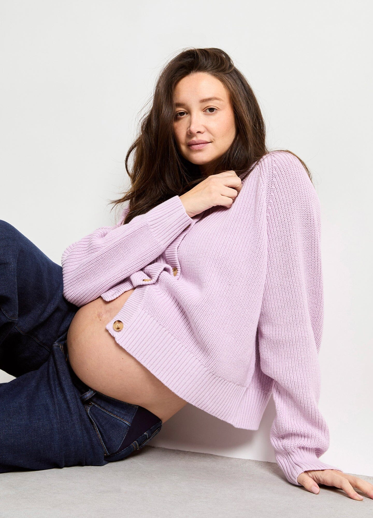 The Mini Cocoon Marlow Cardi - Lilac maternity cardigan with wooden buttons, ribbed knit texture, designed for nursing and postpartum comfort.