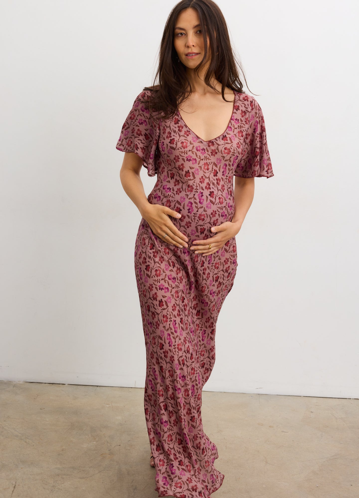 The Mirabelle Bias Floral Dress - Twilight mauve floral maternity dress with short flutter sleeves and nursing-friendly scoop neckline.